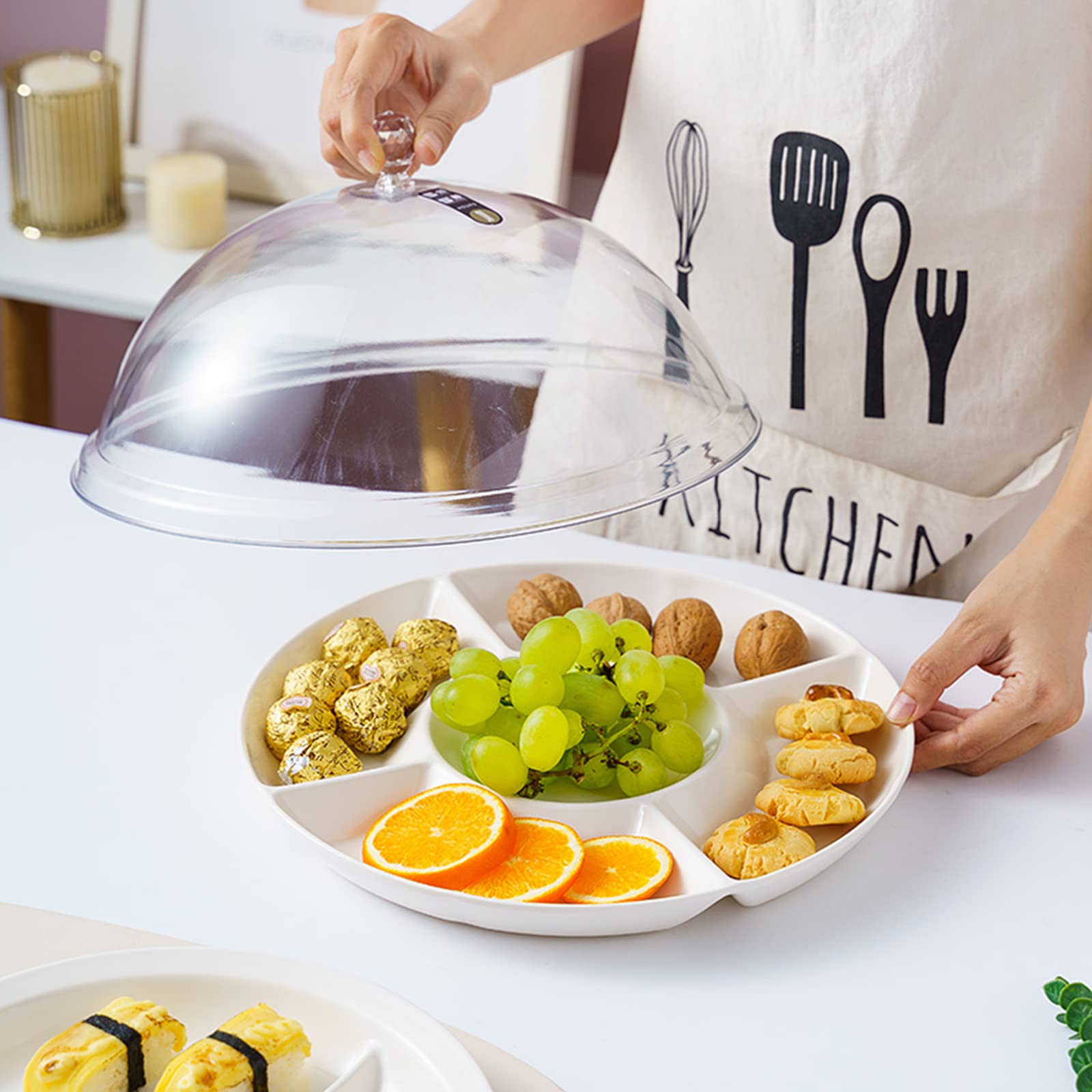 Copertura per Alimenti, Campana Coperchio Microonde,Vassoio per frutta con coperchio a cupola, vassoio separato in melamina bianca con coperchio in plastica trasparente, caramelle, biscotti,