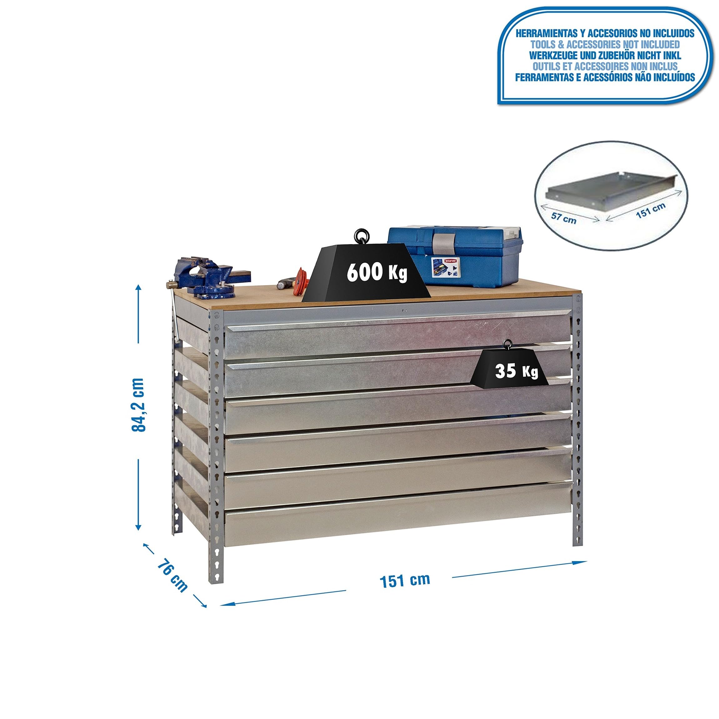 Simon Rack Banco de Trabajo Taller con 6 cajones 1510x760 mm - BT5 | Tablero madera 16 mm, Capacidad Carga 600 kg, Gris , Pintura anticorrosión, Montaje sistema clic
