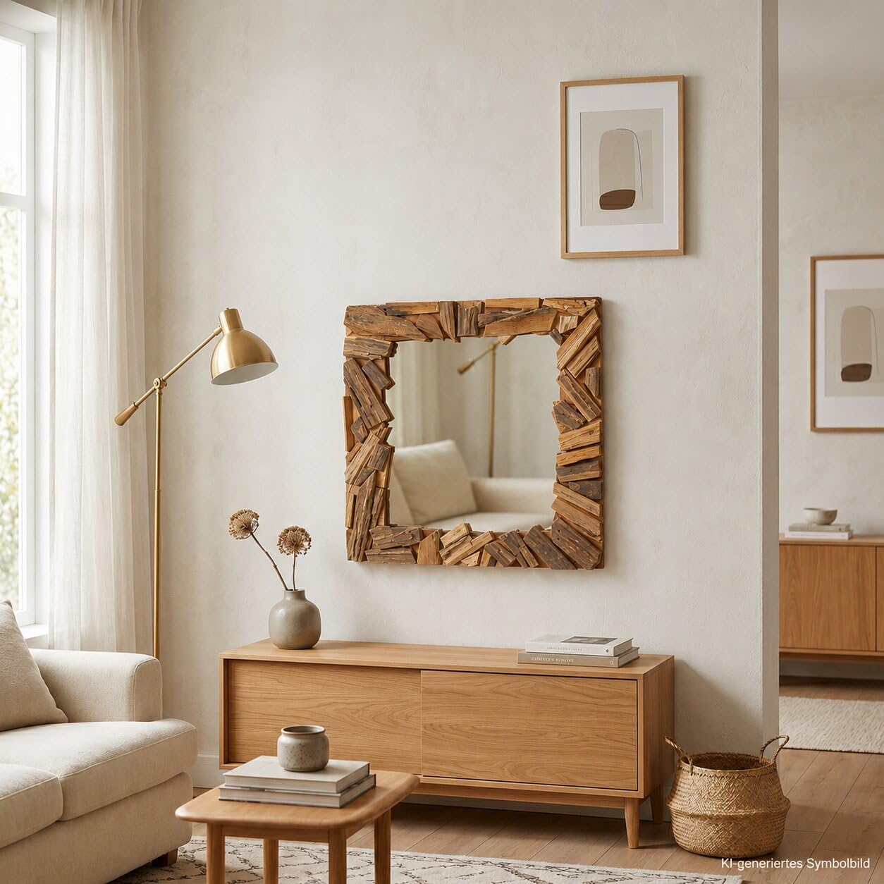 Specchio da parete patchwork | 60 x 60 cm, legno massello, naturale, specchio quadrato per corridoio, specchio in legno, specchio da bagno, specchio per camera da letto