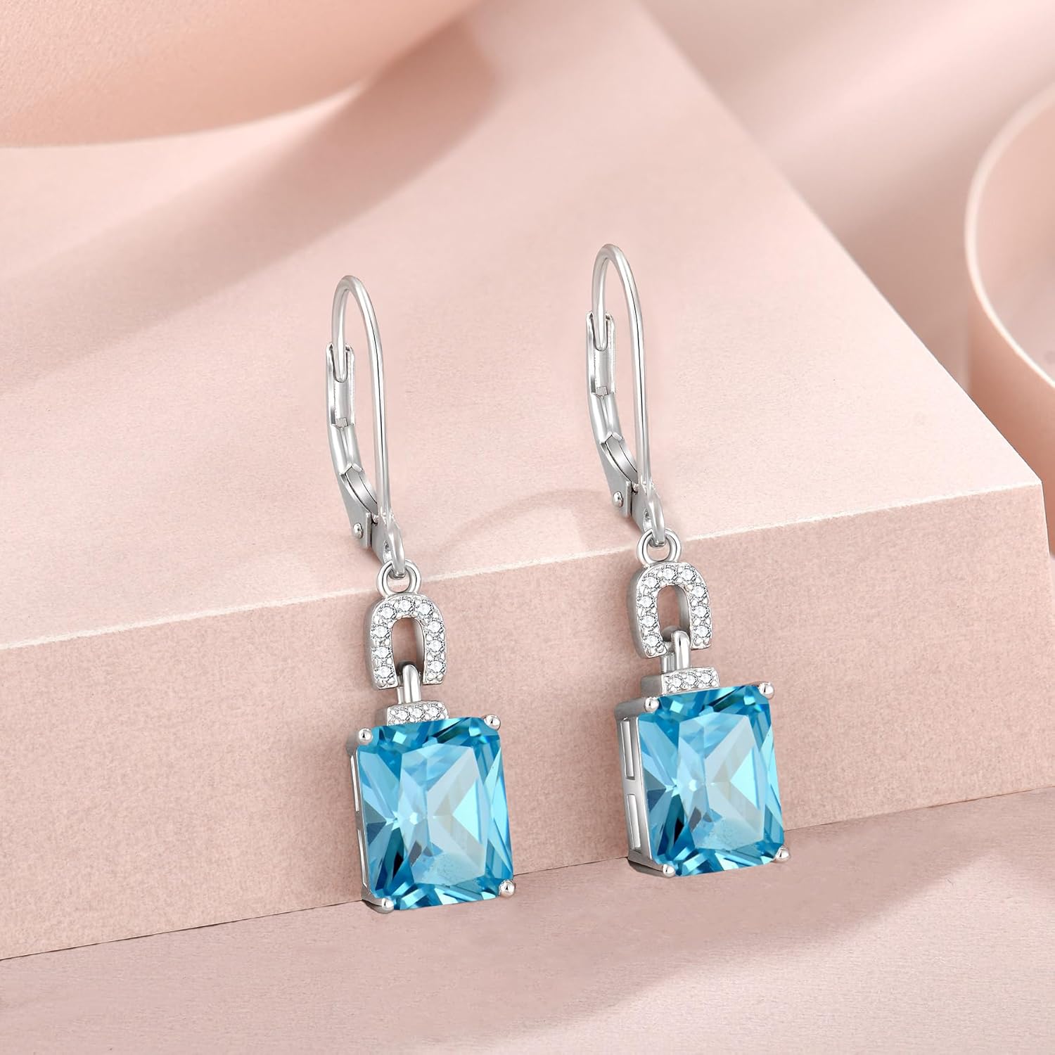 Emerald Cut Earrings 925 Sterling Silver Baguette Birthstone Dangle Drop Leverback Earrings Jewelry Gifts for Women - Image 4