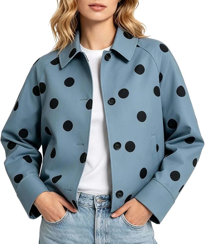 Women's Polka Dot Cropped Jacket Lapel Collar Pockets