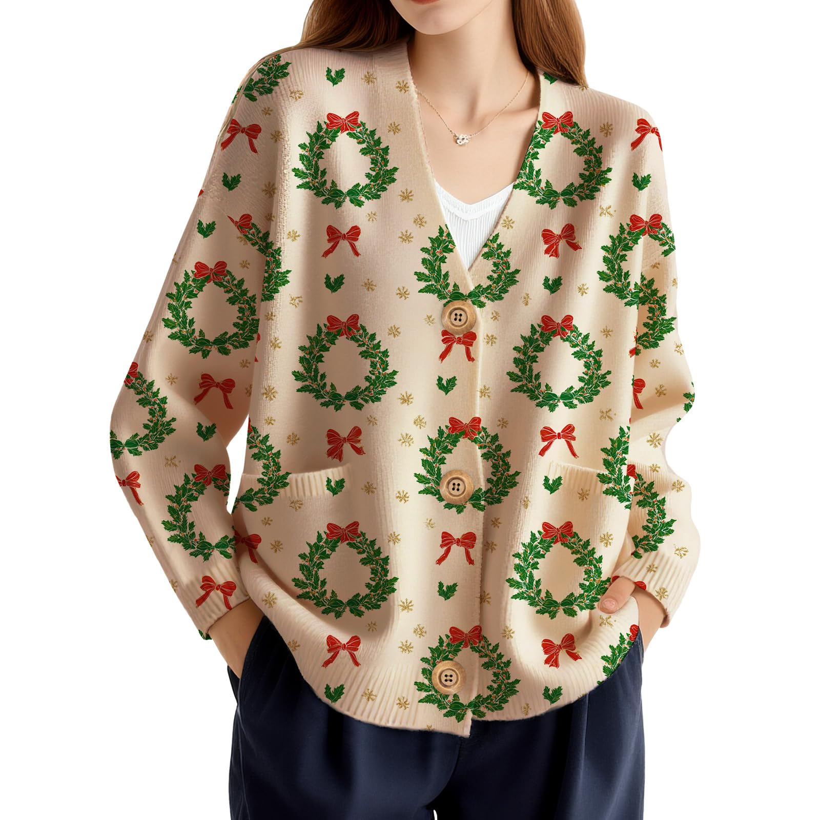 Christmas Cardigan Sweaters for Women Button Down Sweaters with Pockets Open Front Knit Cardigan Cute Funny Outerwear