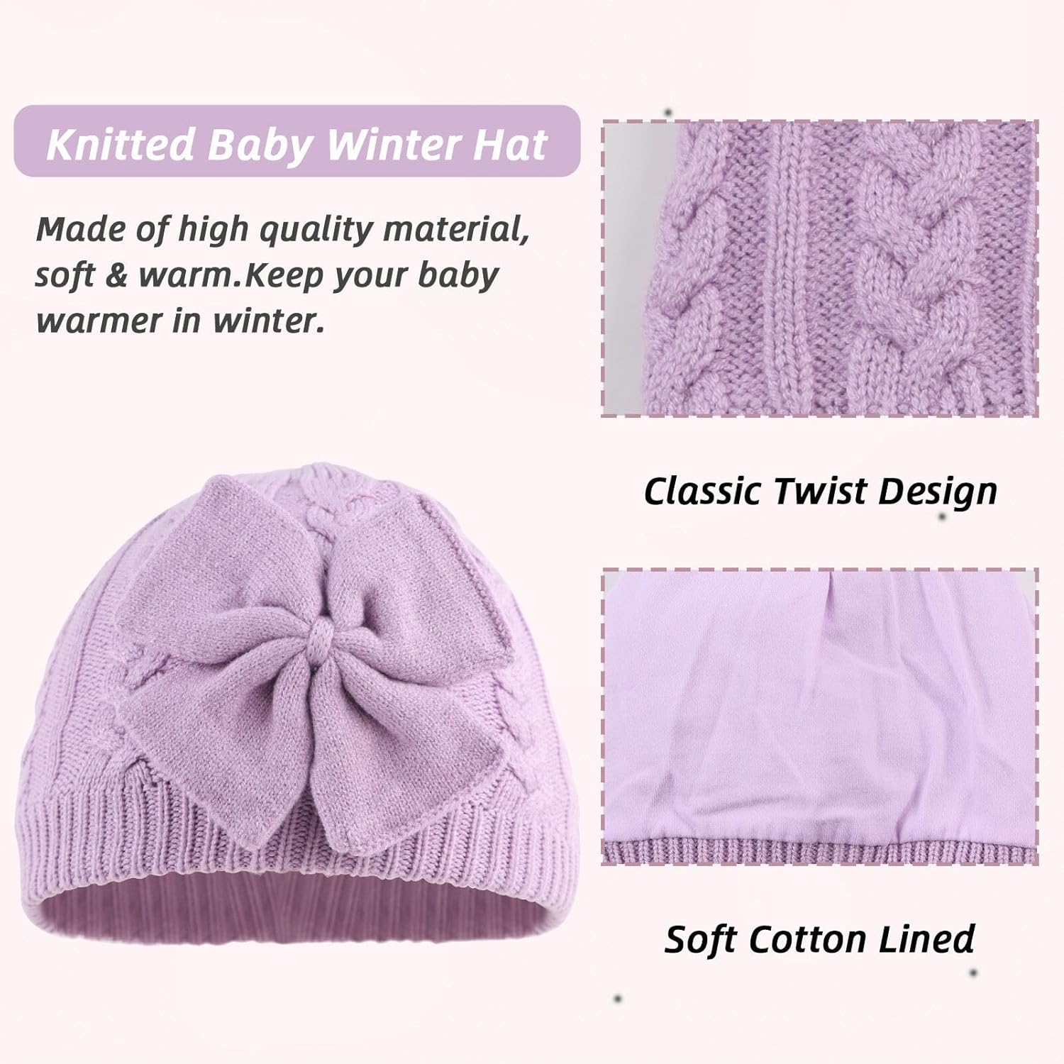 ベビーガール 冬用帽子 かわいいリボン ベビービーニー 暖かいニット帽 幼児 女の子用