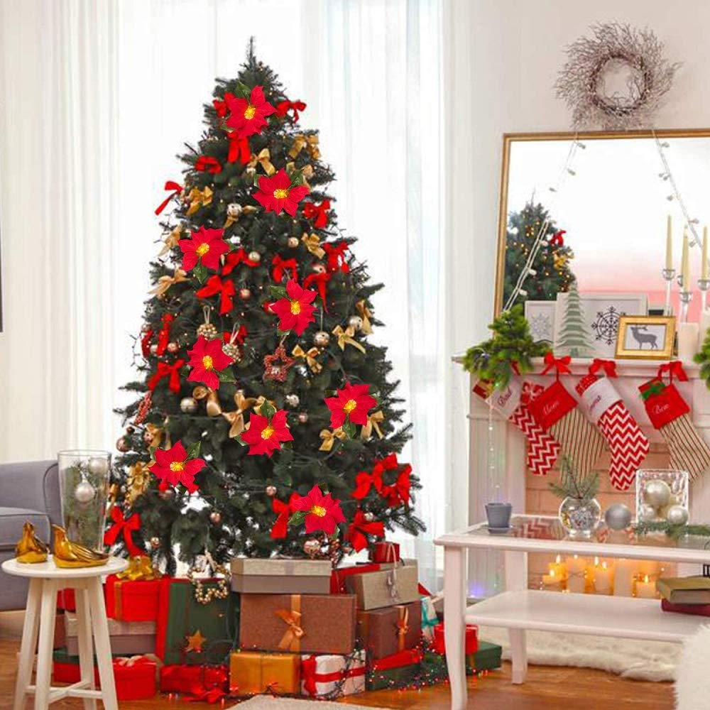 Künstliche Weihnachtsstern Lichtschnur 40LED Rote Beeren Ahornblatt Rebe Fee Girlande Licht Blumenpflanze Weinkranz Lampe Batterie Angetrieben(Rot Poinsettia-LED, 4 Sätze)