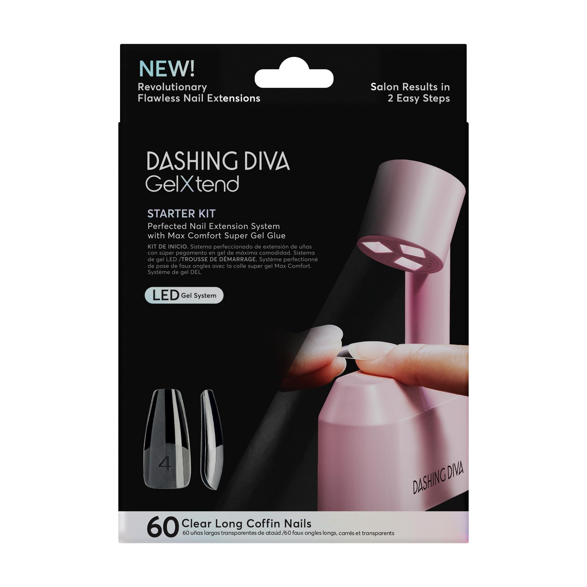 Dashing Diva GelXtend Starter Kit - Clear, Long Coffin - Press On Nails with LED Lamp - Lasts Up to 14 Days - Clear, Customizable Gel Nails - No-Soak, Easy Removal - Gel Nail Tips
