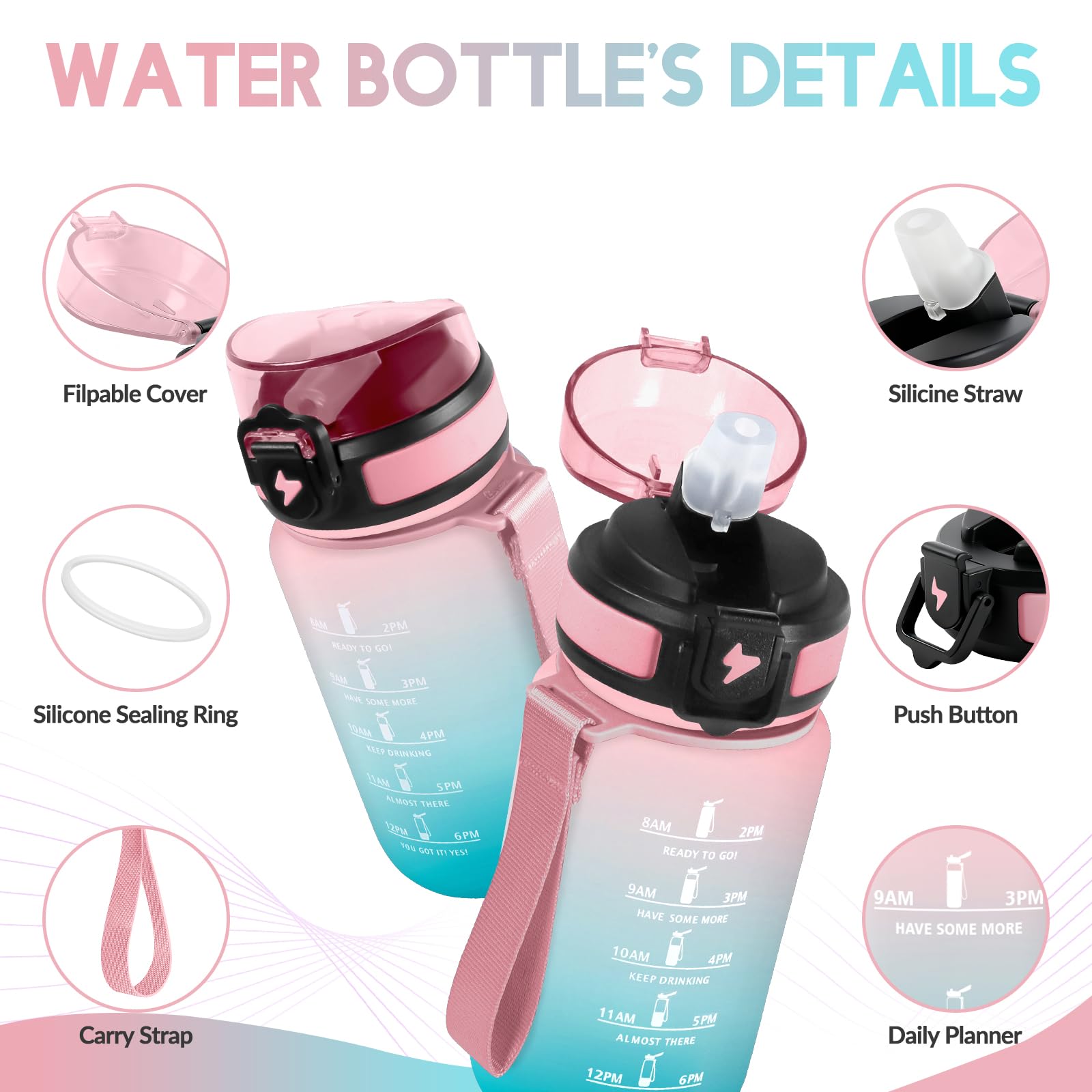 Mulbijeo Borraccia 500Ml, Senza BPA & A Prova di Perdita, Borracce con Cannuccia, Reutilizables, Borraccia Bambini, Apertura One-touch, Borracce Motivazionale per Scuola, Palestra, Ufficio, Lavorando