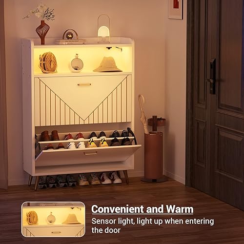 Miniatura 2 de Aheaplus Shoe Cabinet with Flip Doors, Shoes Storage Organizer with Motion Sensor Led Light, Entryway Wood Freestanding Tipping Bucket Shoe Rack