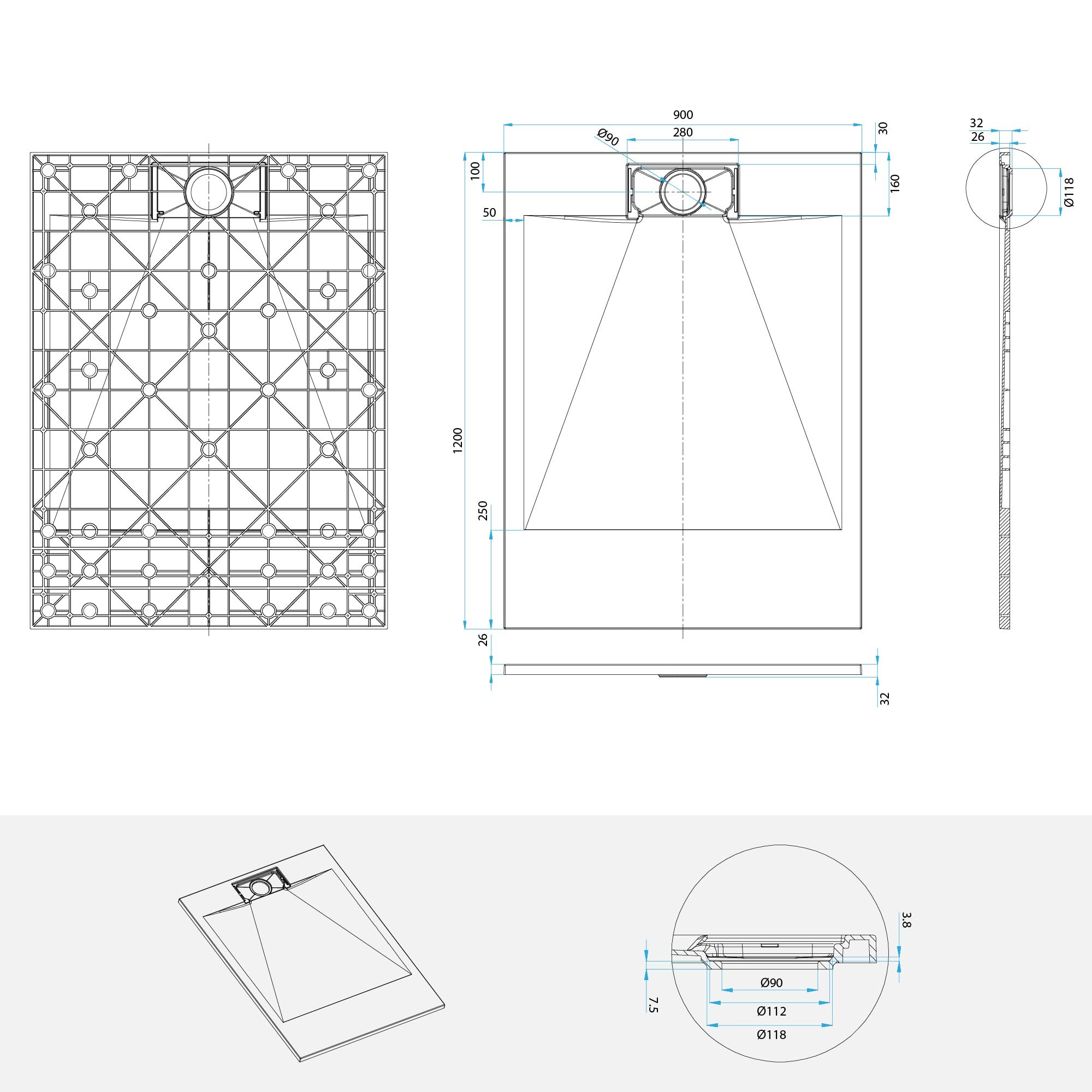 POLAR Receveur de douche blanc extra-plat antidérapant texture pierre 90 x 120 cm + bonde