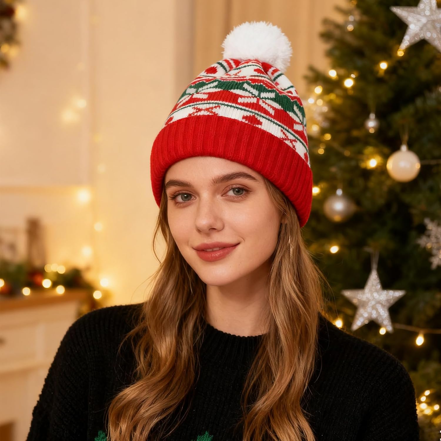 Christmas Knitted Hat with Pom Pom Red Beanie Christmas Hat Winter Cap for Women Men Xmas Holiday Party Supplies - Image 4