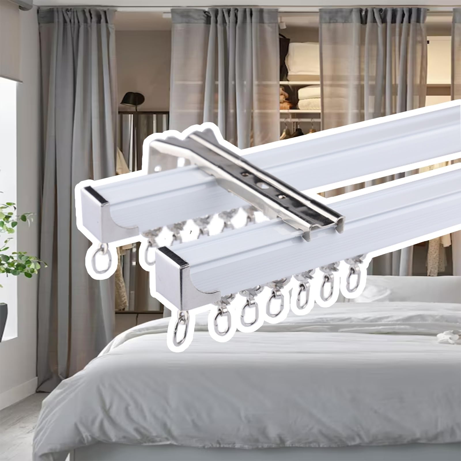 Curtain Conjoined Double Track (3.2-9.8 Ft), Ceiling Mounting Heavy-Duty Curtain Rails For Living Room Bedroom Room Divider(White,2.40 M/7.8ft