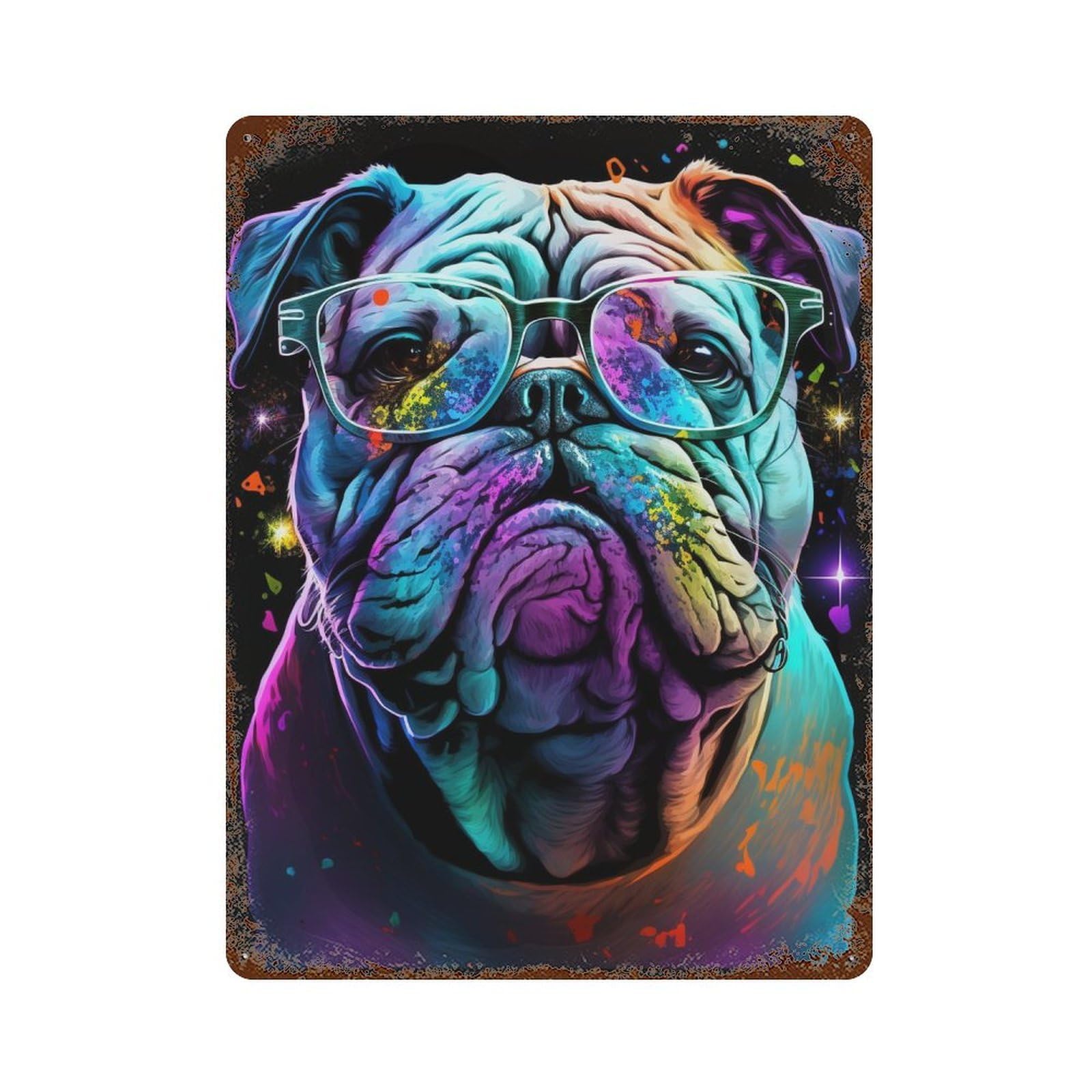Rust Effect Colorful Bulldog Glasses Art Print-1 Vintage Rust Metal Sign 15.7"x11.8", Old School Wall Decor for Cafe, Home Bar And Lounge Decor