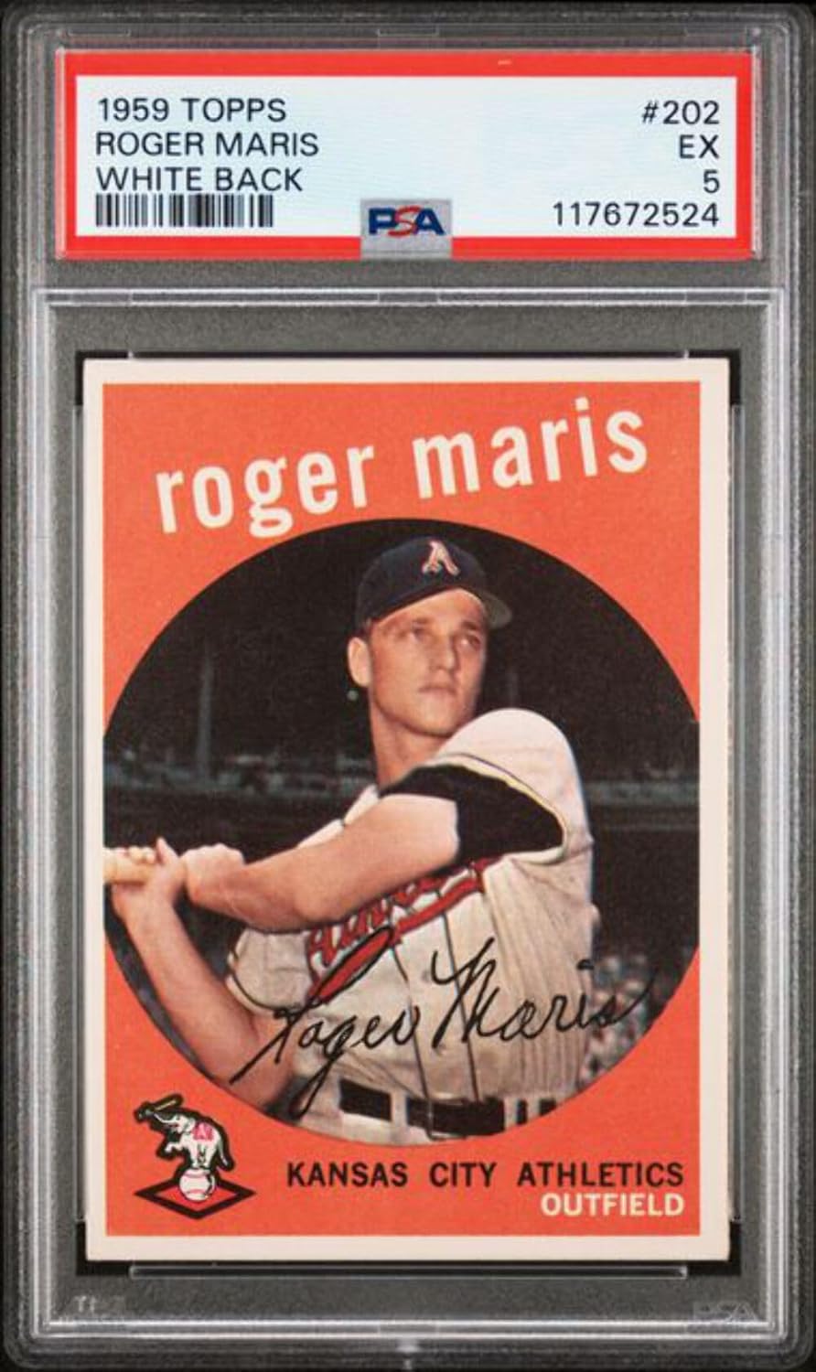 Graded 1959 Topps Roger Maris #202 White Back 2nd Year Baseball Card PSA 5 Excellent