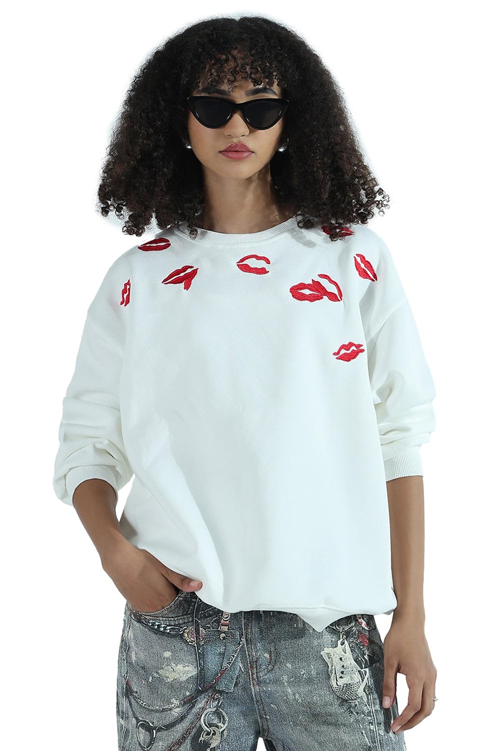 Edition Women's White Oversized Round Neck Sweatshirt with Kiss Marks-CHN-2607-9_White-P-image-23