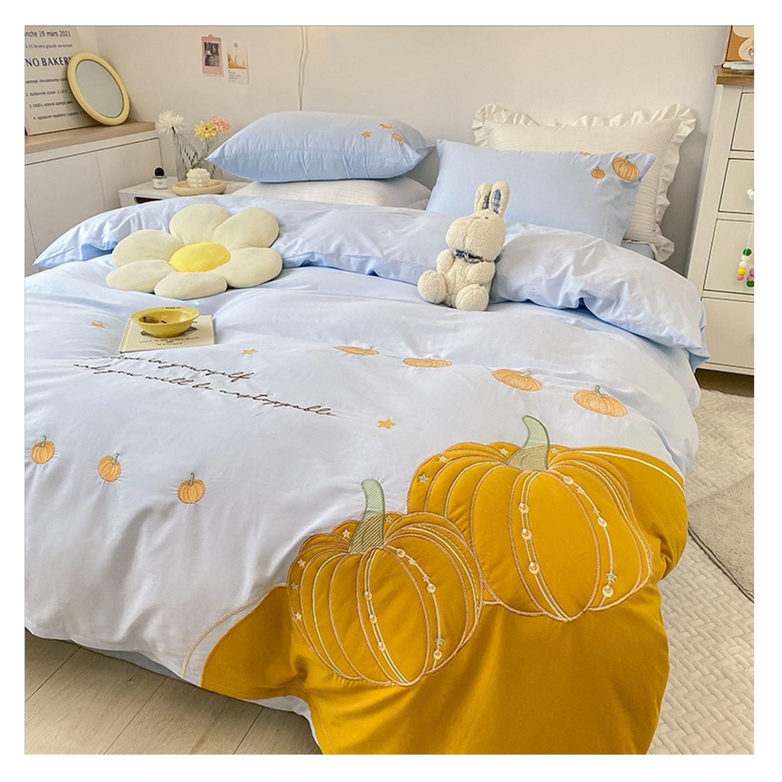Housse de couette 100% coton haut de gamme avec broderie chic de citrouille bleue
