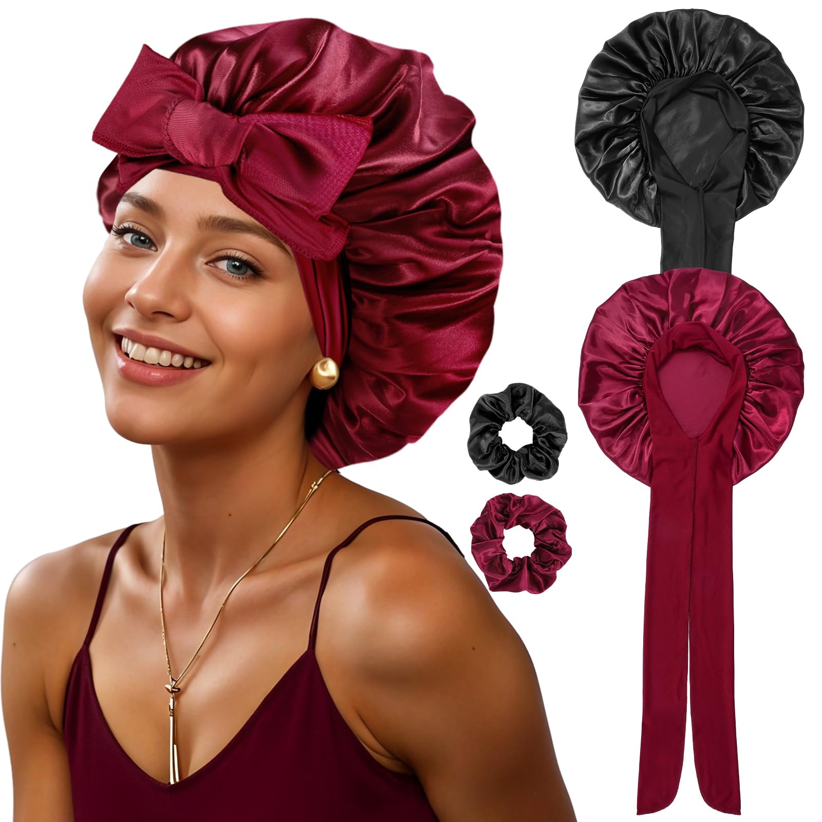 PAEFIU 2 Stück Seidenhaube zum Schlafen, Weiche Satin Haarhaube mit 2 Scrunchies Schlafhaube Bonnet Sleep Cap Schlafmütze für Damen Mädchen