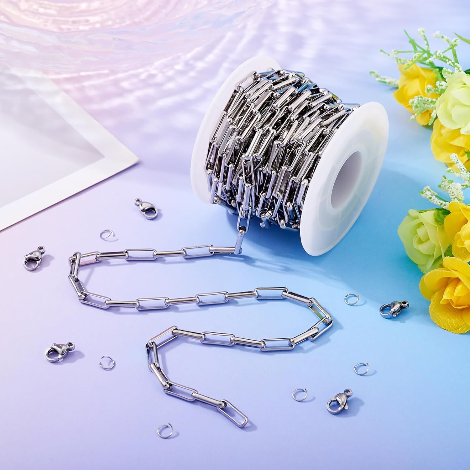 Beadthoven 16.4 Feet 4mm Stainless Steel Paperclip Chain for Jewelry Making Rectangle Paperclip Link Chains with Lobster Clasps Jump Rings for Women Men Bracelet Necklace Earrings DIY Crafts - Image 6