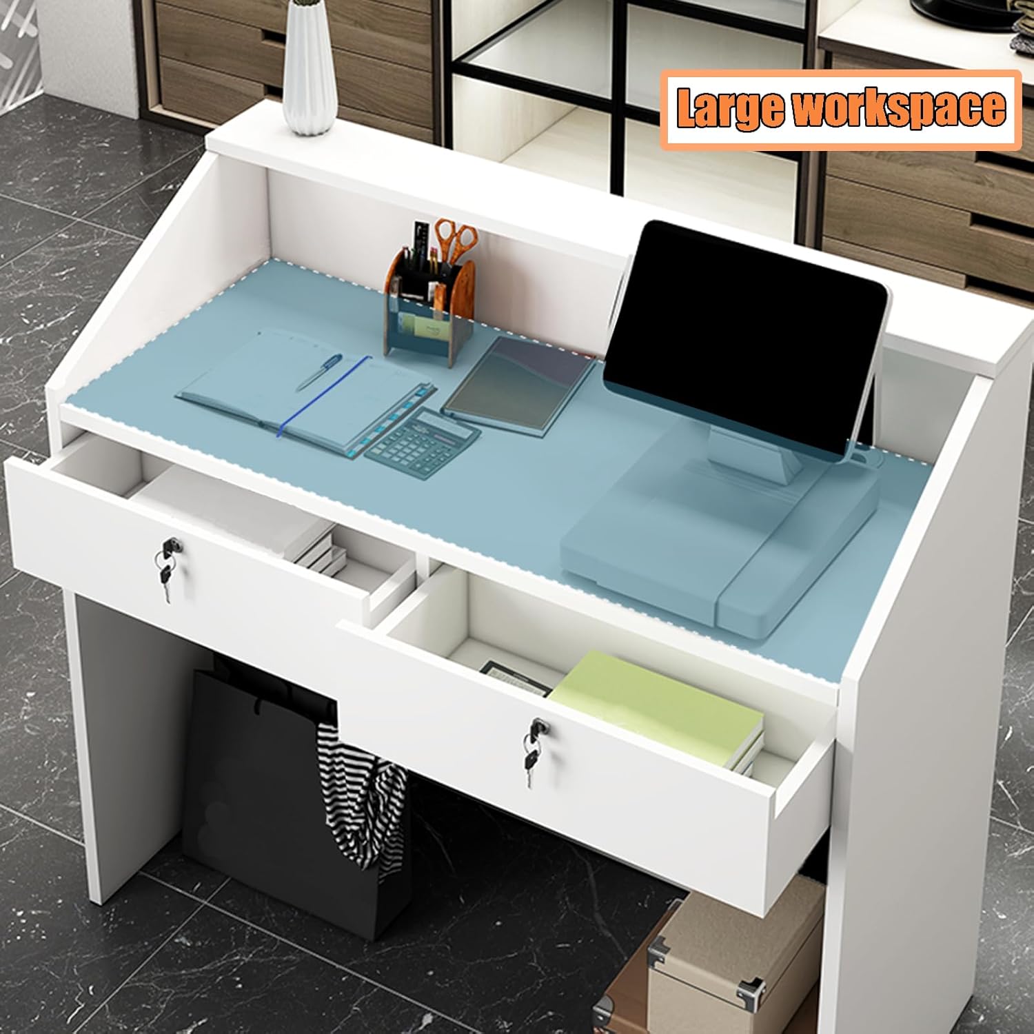 Reception Desk with Counter, Modern Front Desk with Lockable Drawers, White Retail Counter for Checkout Salon, Lobby, Store, Small Wood Cashier Table with Cable Grommet (White, 31x 14 x 36 inches)
