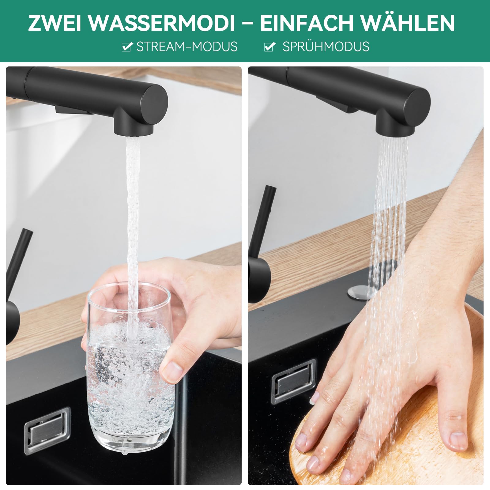 Waschbecken Küche Schwarz 70x46 cm Set, Armatur für 80 cm Unterschrank | Abtropfkorb, Quarzkomposit, 12 mm Bodendicke zur Geräuschreduzierung, Geruchsverschluss, Ausschnittsmaß 68 x 44 cm