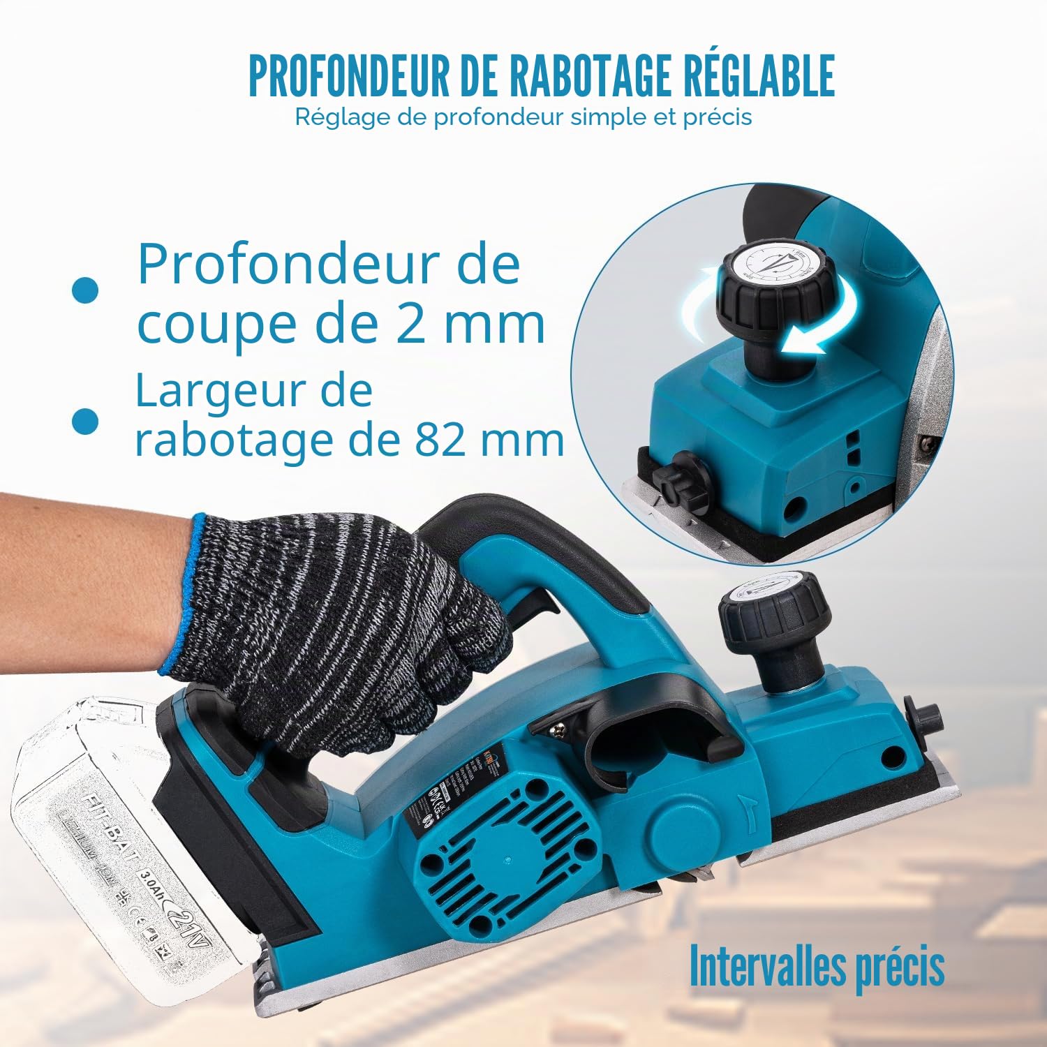 KATSU FIT-BAT Rabot Sans Fil 21V Brushless 82mm, Profondeur 2mm, Semelle Alu avec 3 Rainures en V, Lames Suppl., Sans Batterie ni Chargeur