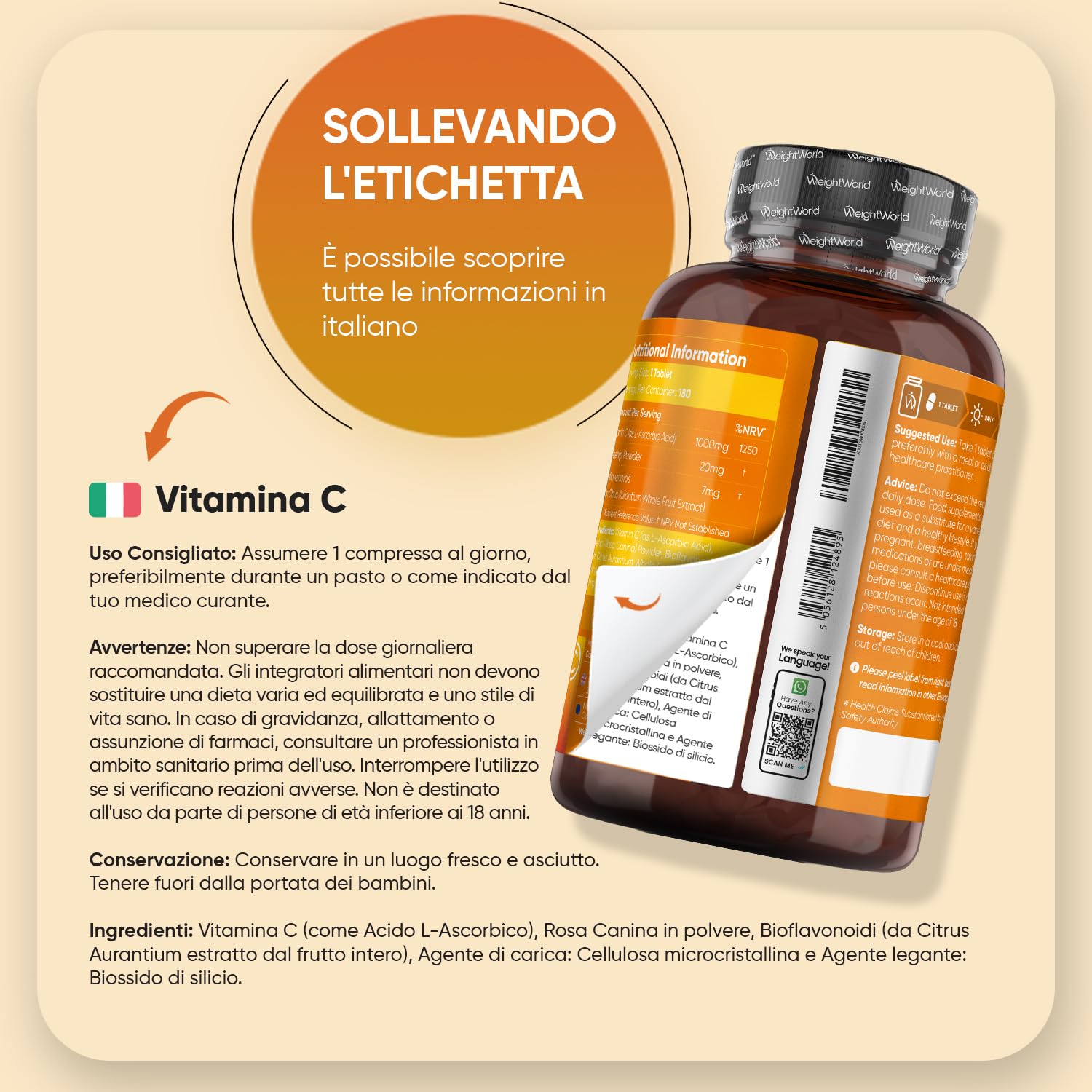 Vitamina C 1000mg Vegana con Rosa Canina, 180 Compresse, 1 Sola al Giorno (6 Mesi di Fornitura), Integratore Vitamina C, Acido Ascorbico e Bioflavonoidi da Citrus Aurantium, Senza Magnesio Stearato
