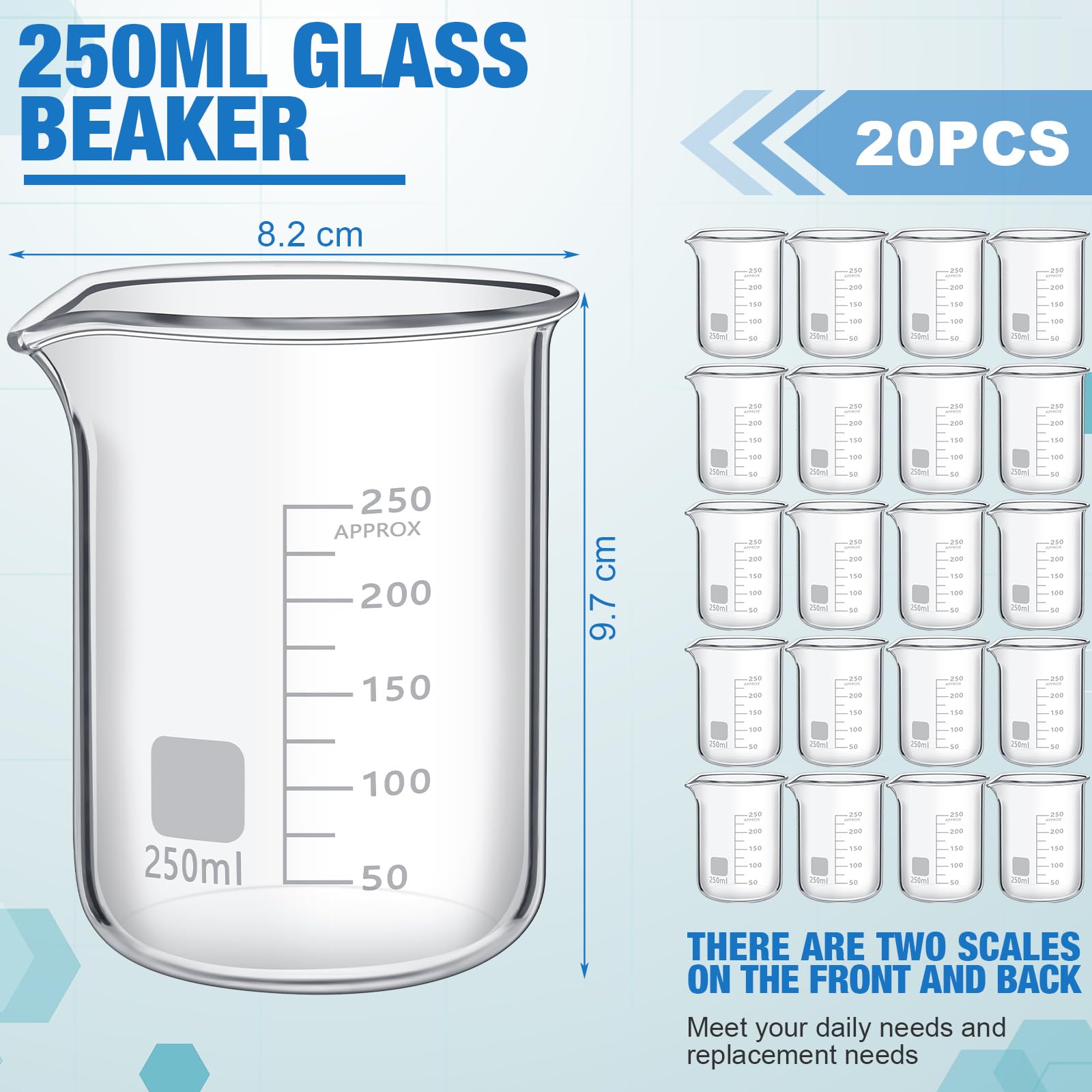 Tanlade 20 vasos de vidrio, vasos de laboratorio resistentes con impresión, taza medidora de alta clase de borosilicato, graduación a granel para laboratorios, aulas u hogar (250 ml)