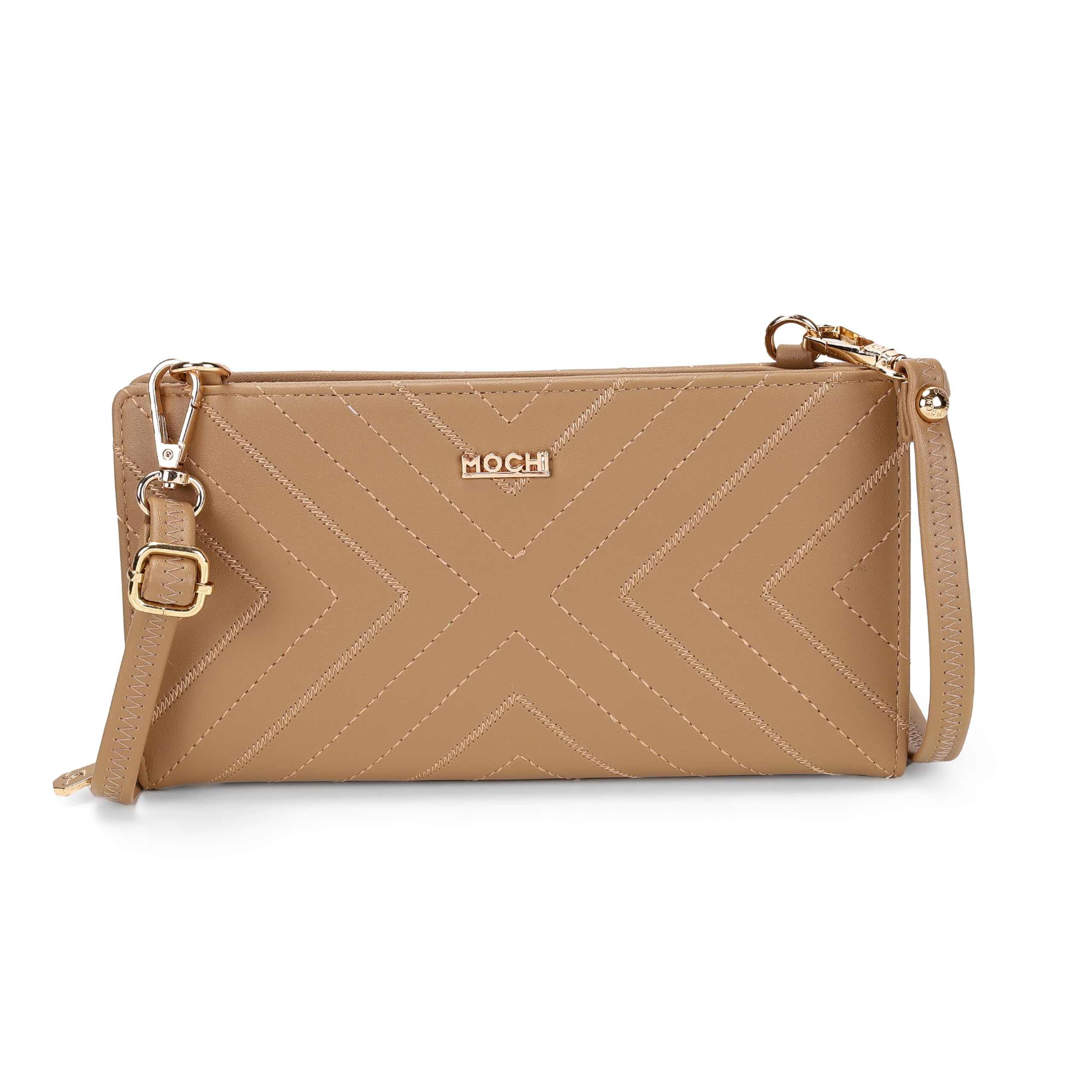 Buy Mochi Women's Beige Geometric Zip Detail PU Two Fold Wallet(95