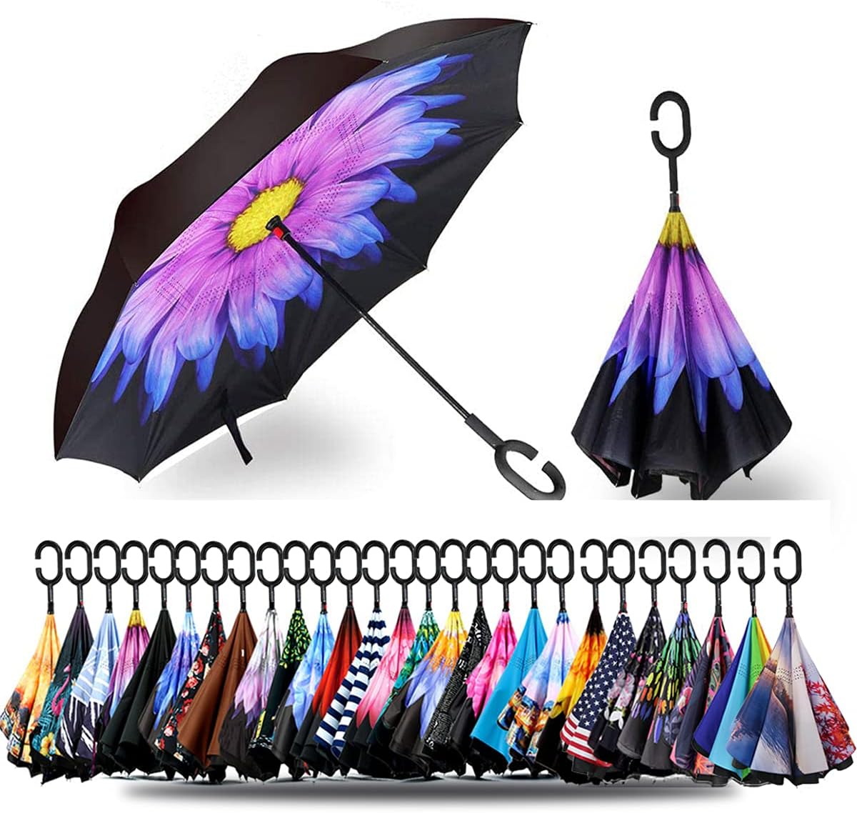 49/56 Inch Inverted Reverse Upside Down Umbrella, Extra Large Double Canopy Vented Windproof Waterproof Stick Golf Umbrellas with C-shape Handle.