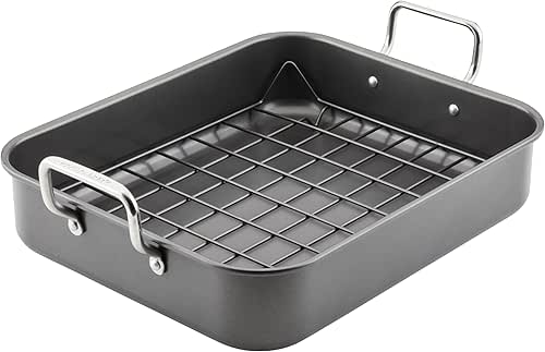 Rachael Ray Bakeware Nonstick Roaster/Roasting Pan with Reversible Rack, 16.5