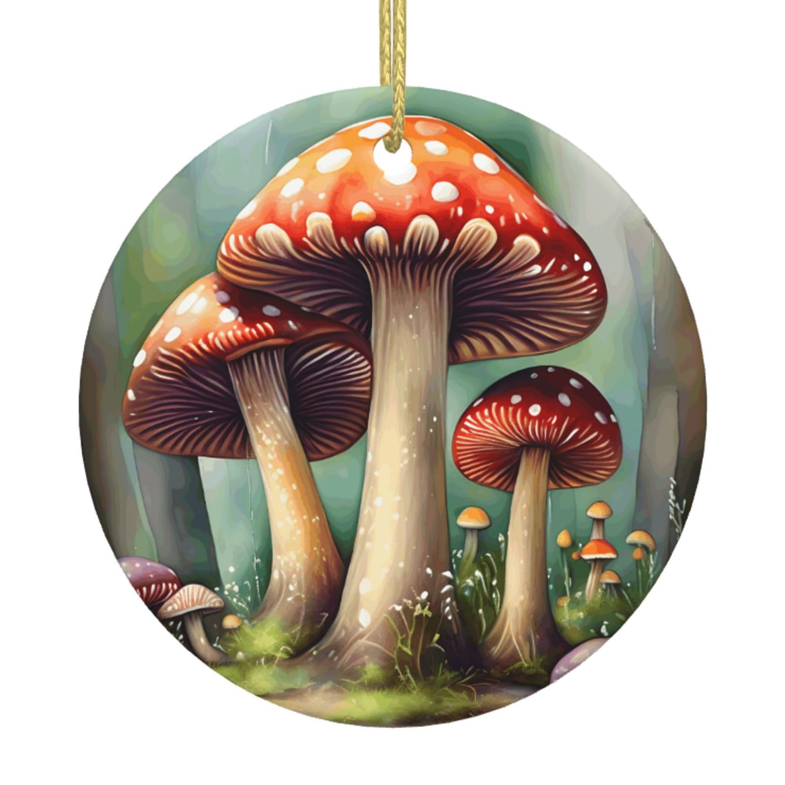 Japanese Painting Mushroom Print Christmas Ornaments, Ceramic Hanging Ornament, Round Shape Decorations