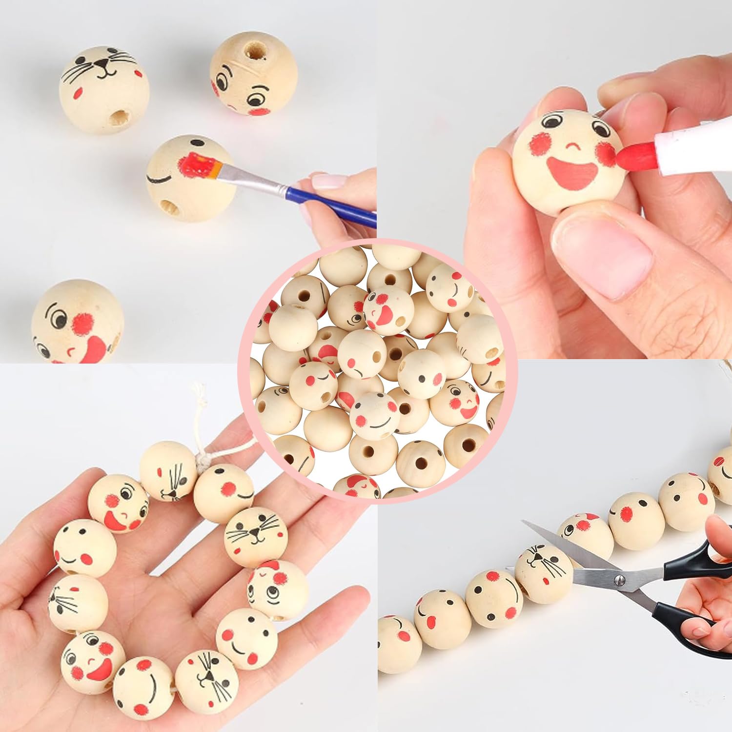 50 Holzperlen Mit Smiley-Gesichtern – 20 Mm Durchmesser, 4,5 Mm Loch, Für DIY Schmuck & Deko
