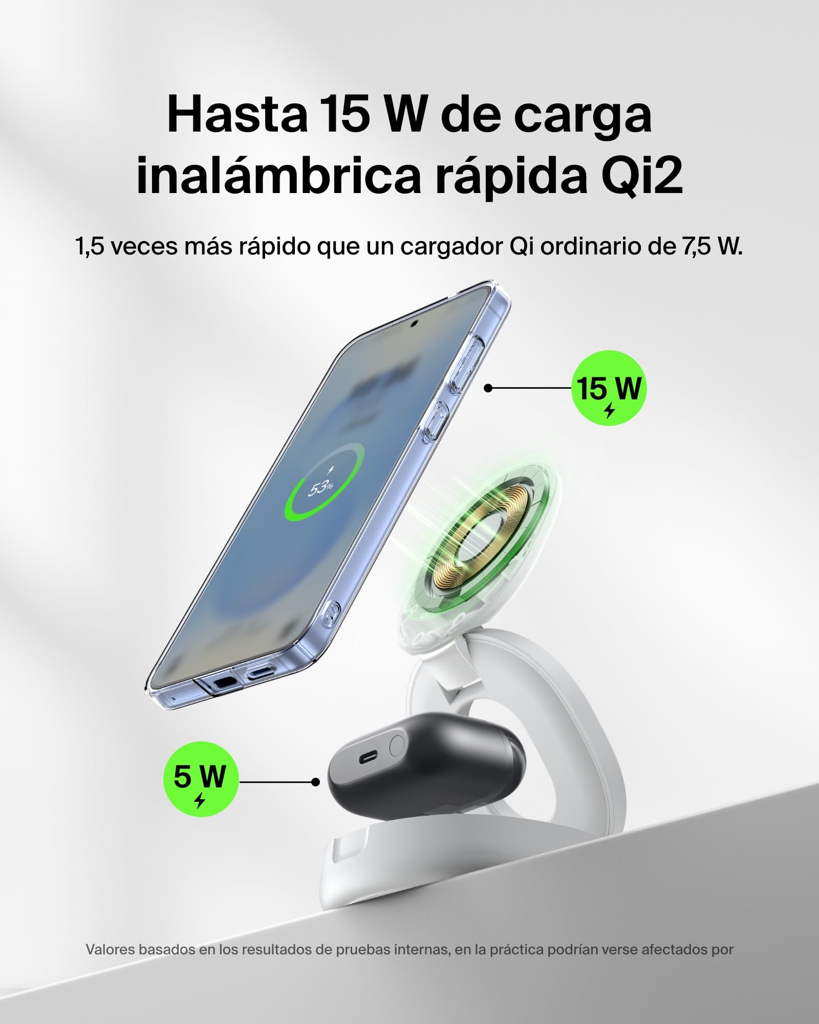 Belkin BoostCharge Cargador Inalámbrico 2 en 1, Estación de Carga Plegable 15W, Qi2 Compatible con MagSafe, iPhone 17, Air, AirPods, Pixelsnap, Fuente de alimentación de 30W - Blanco