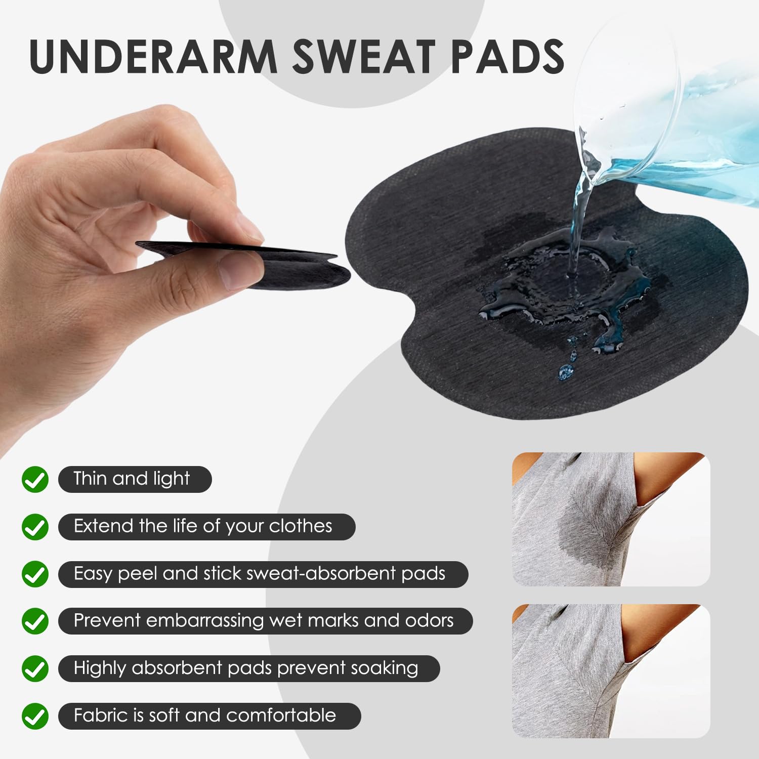Almohadillas de sudor de 60 pcs, almohadilla de sudor absorbente de axila negra no tejida, adhesivo extra fuerte para hombres, camisas de mujeres, blusas