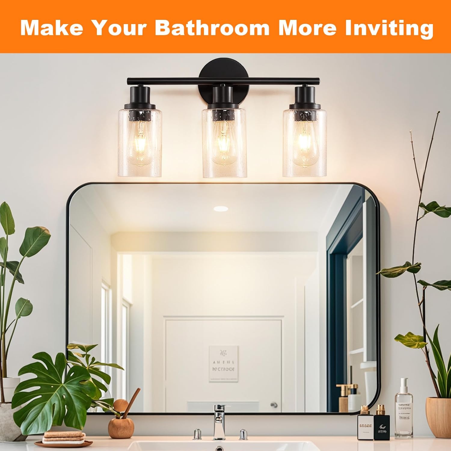 DLLT 3-Light Bathroom Light Fixtures: Black Modern Vanity Lights with 3 E26 Bulbs - Bubbled Glass Shade Bathroom Wall Lamp for Mirror Kitchen Living Room Hallway Cabinet Porch
