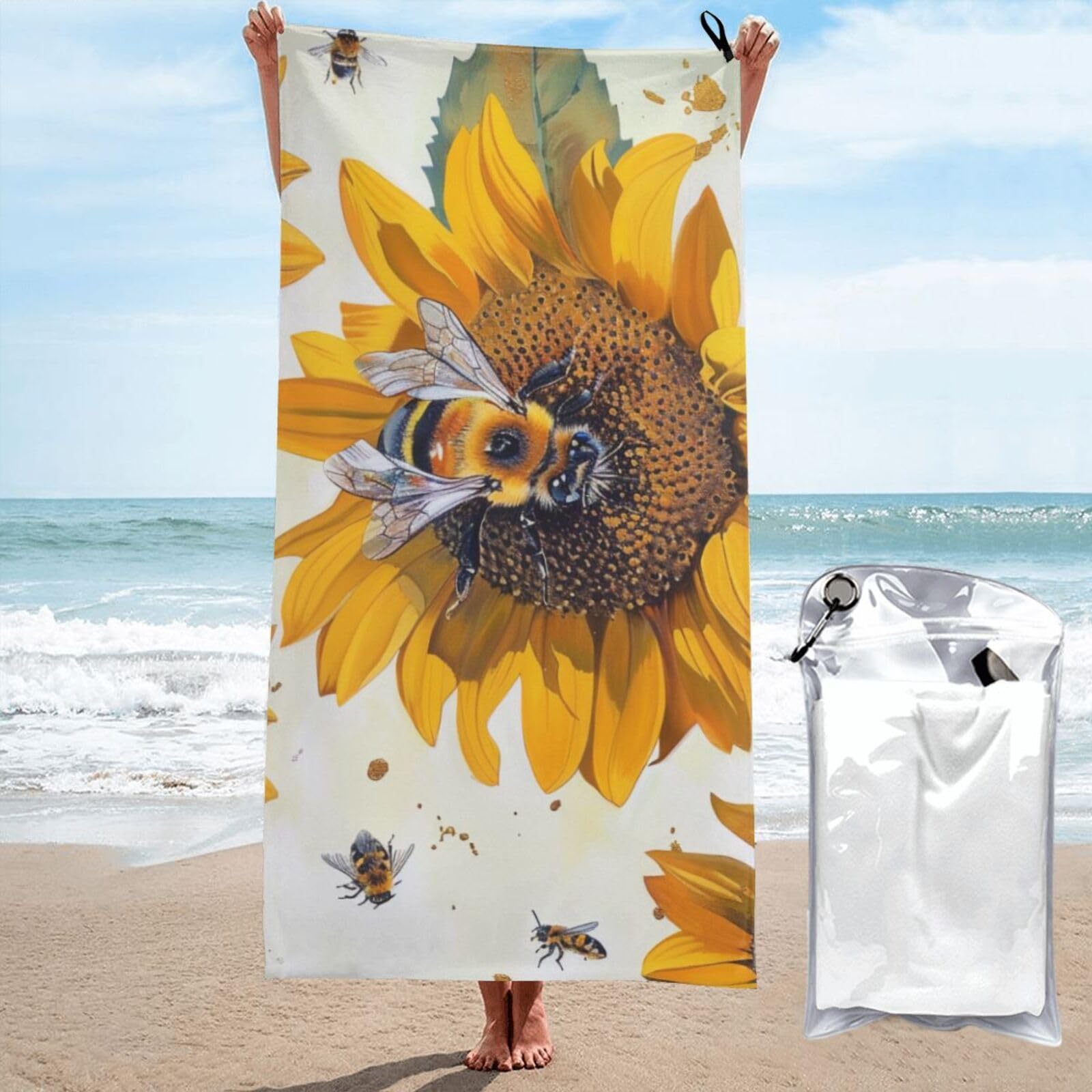 Microfiber Beach Towel, Bee on sunflower Printed Lightweight Quick Dry Travel Bath Sheet with Compact Carry Bag for Swimming Yoga Camping Gym,31.5"x63"