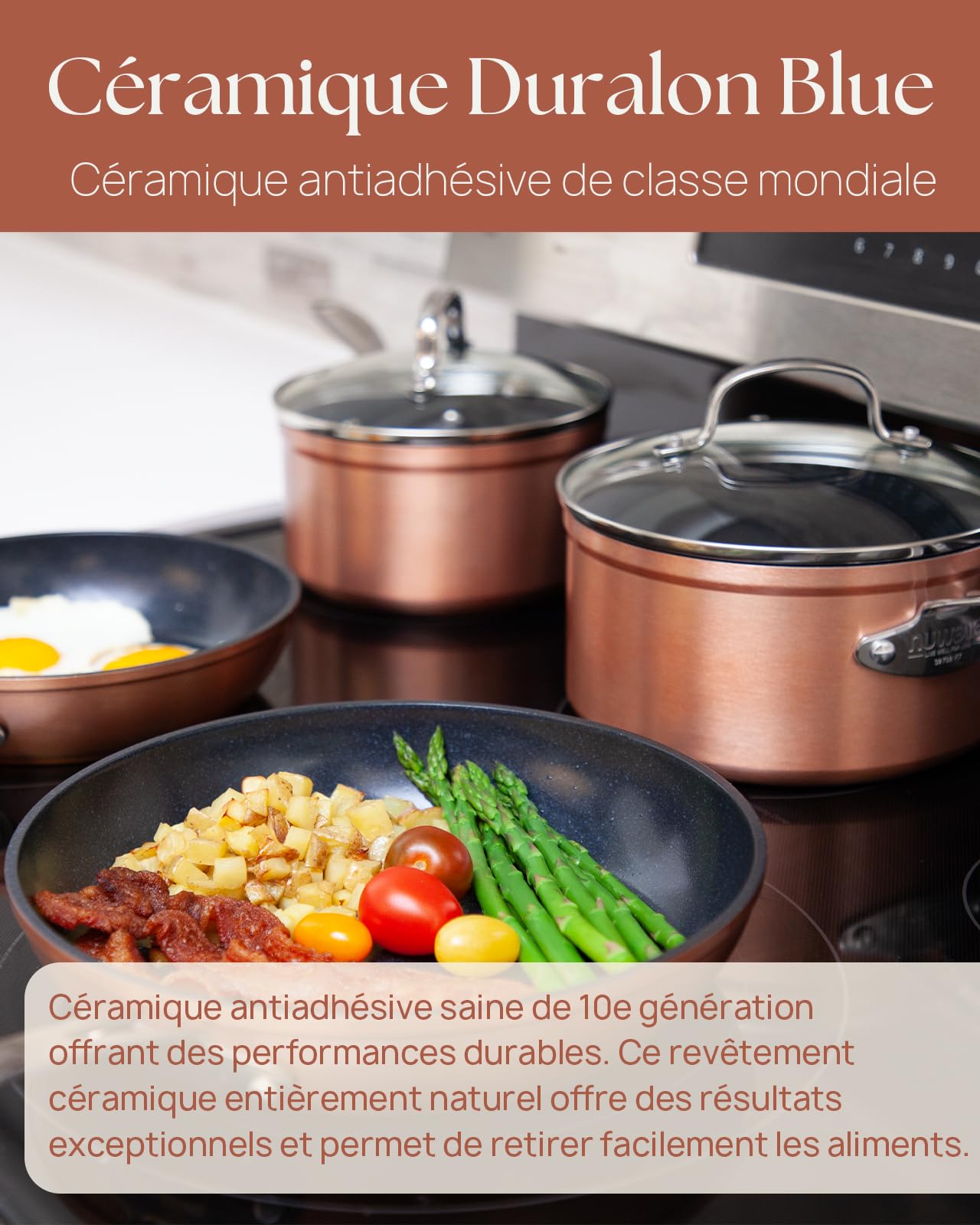 Nuwave Olla 4,7L en Cerámica Antiadherente Duralon Blue en Cobre Rústico, sin PFAS, Compatible con Inducción, Apta para Lavavajillas y Horno, Asas Stay Cool, Resistente a los Arañazos