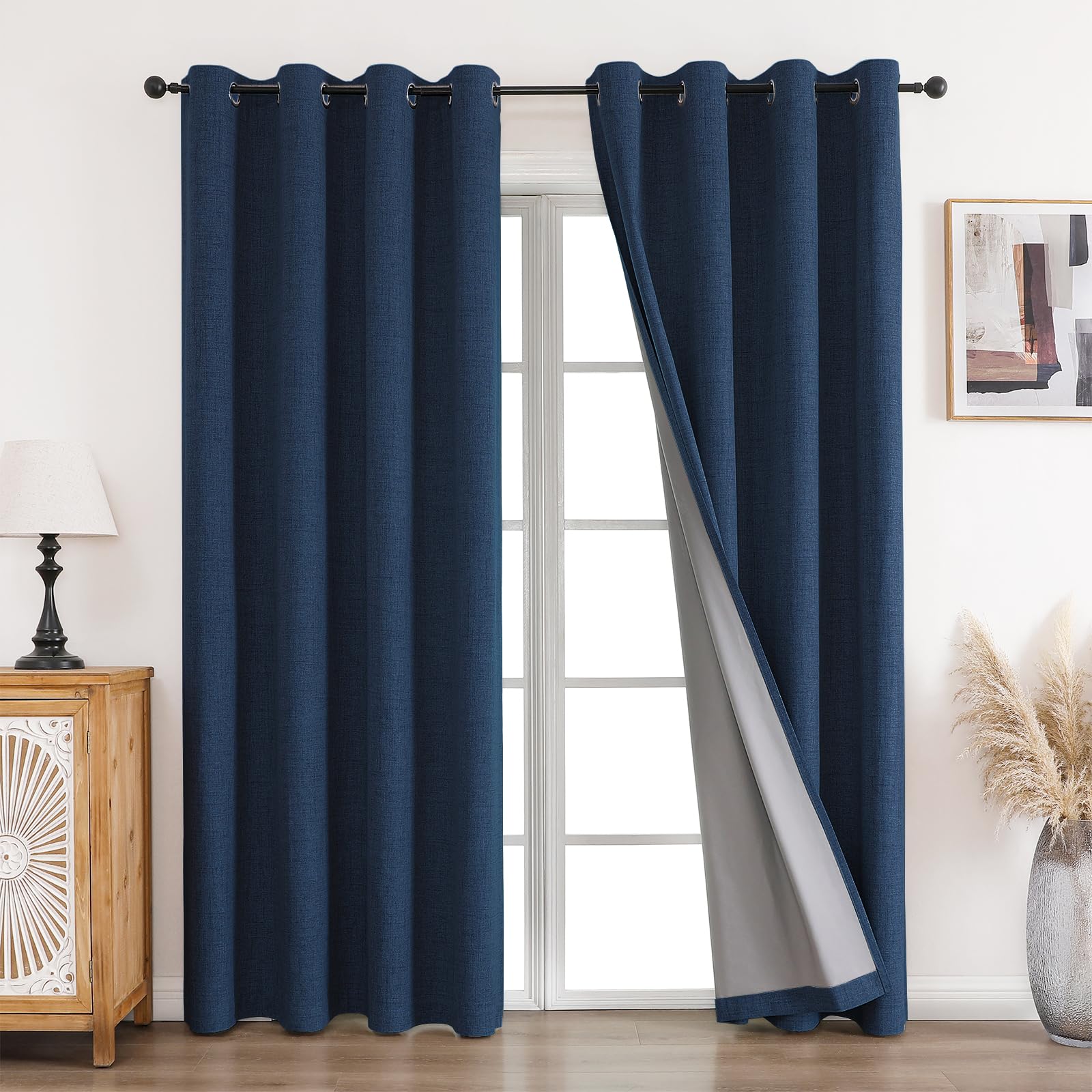 CUCRAF Vorhang 100% Blickdicht Leinen Gardinen mit Ösen Verdunklungsvorhänge Gardinen Navy Blau H245 x B140 cm 2er Set, Thermovorhang Kälteschutz Schallschutz Vorhang für Wohnzimmer Schlafzimmer