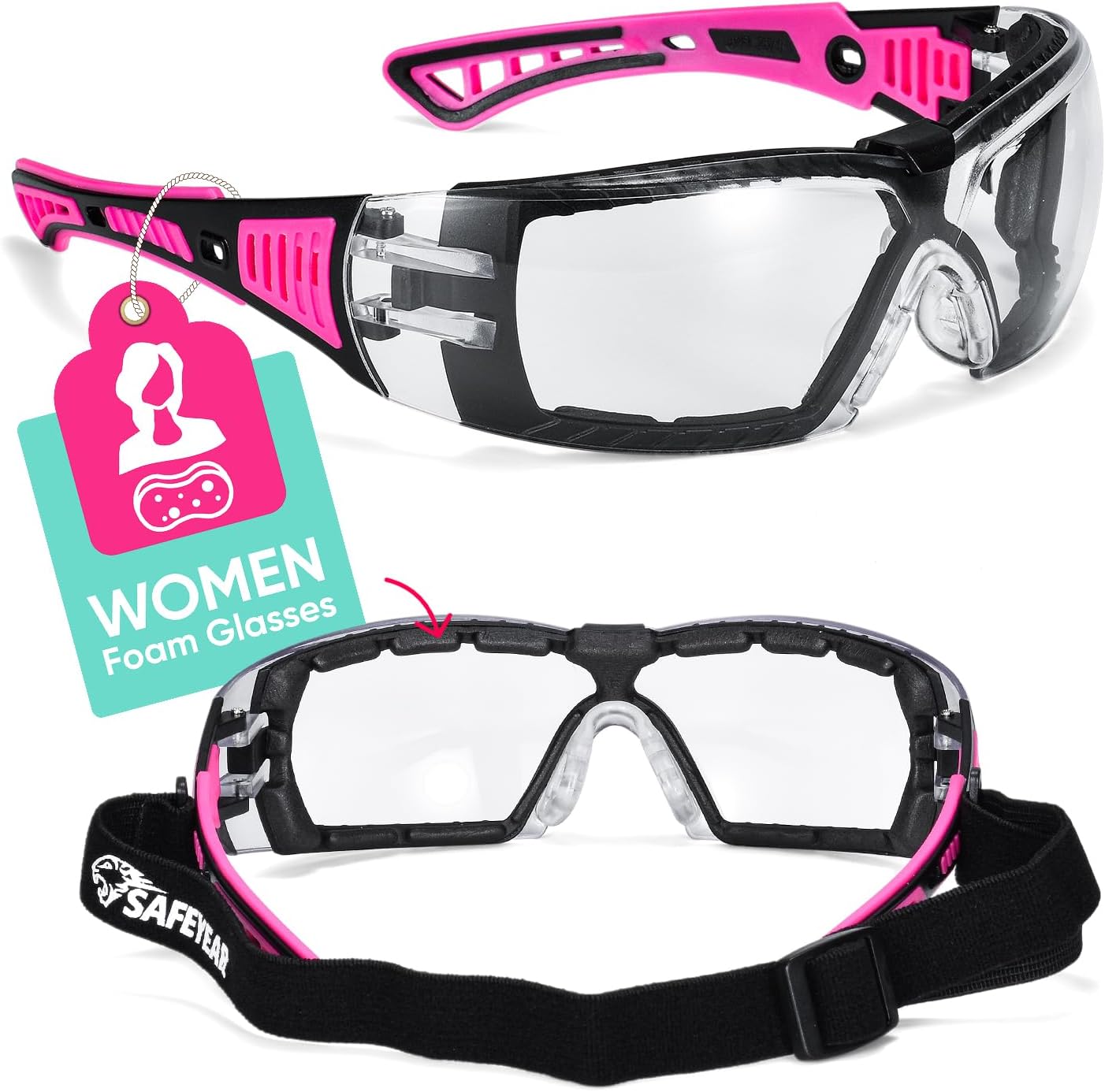 SAFEYEAR Anti-fog Ladies Pink Safety Glasses - SG010 EN166 Wraparound Safety Goggles, UV Protective PPE Airsoft Glasses Women, Infield Mesh Plastic Airsoft Goggles for DIY