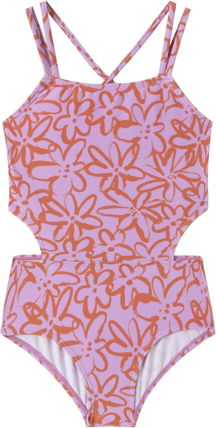 LIZENS Girls' One Piece Leopard Swimwear Cut Out Spaghetti Straps Swimsuit Floral Beach Bathing Suit for Girls Toddler Kids