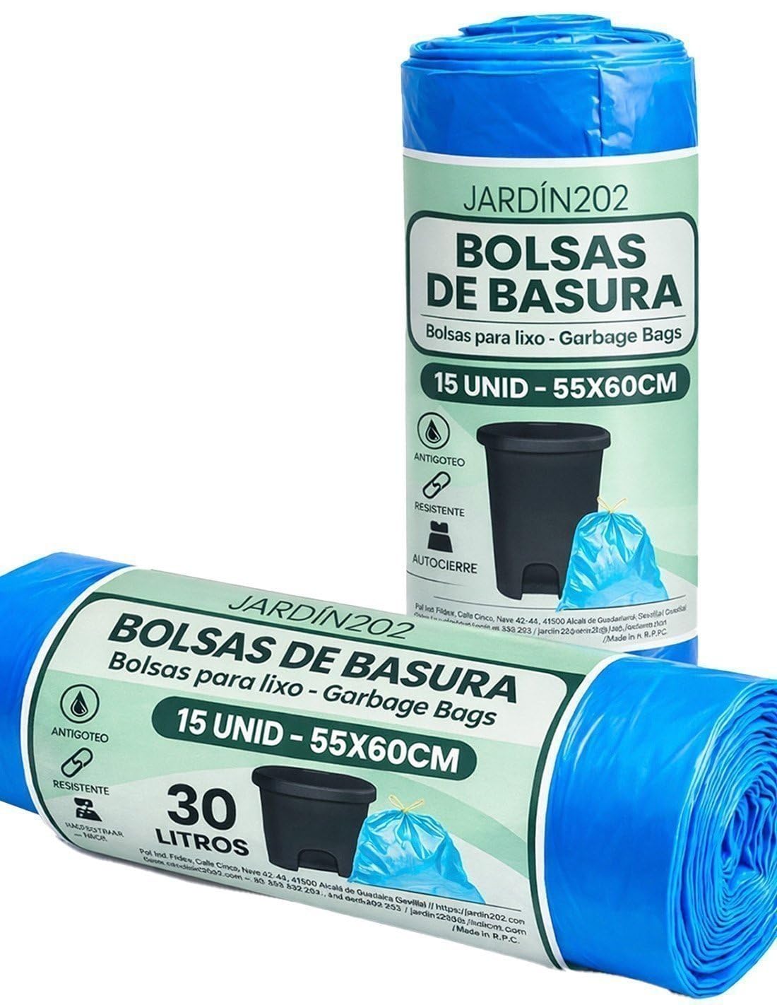 JARDIN202 - Bolsas de Basura 30L Antigoteo Perfumadas Cierre Facil Resistentes 55x60cm Rollo 15 Unidades para Cocina y Baño | Pack 30 uds