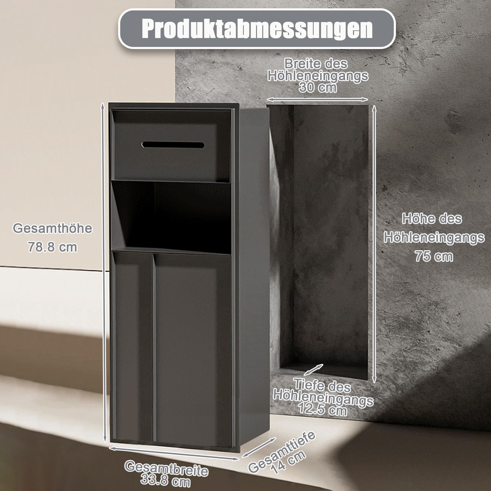 Befliesbar Unterputz Toilettenpapierhalter mit Mülleimer ＆ Bürste, Schwarz Edelstahl Unterputz WC Modul 4 in 1, Platz Sparen Bad Schrankmodul Badschrank mit Push to Open Türöffner