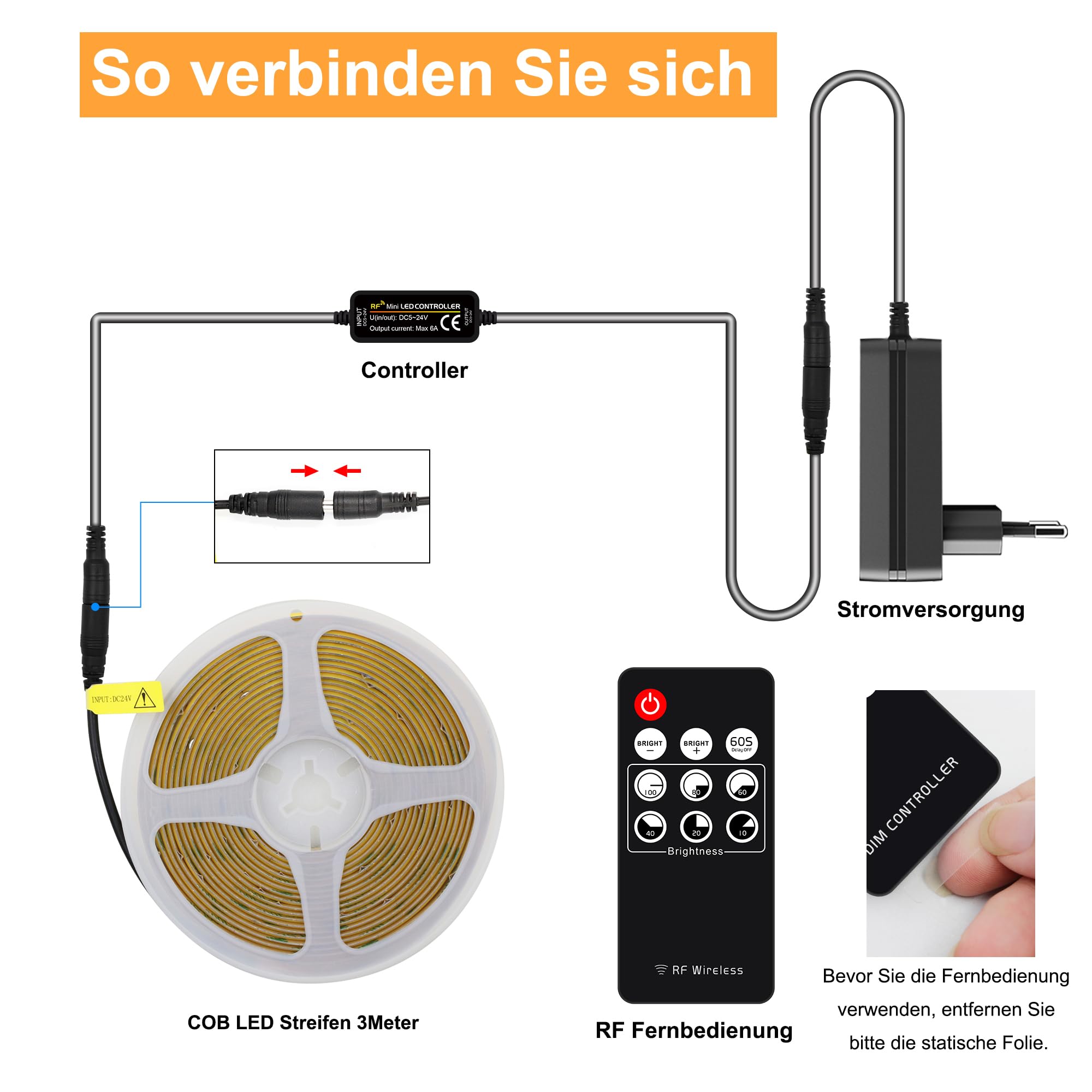 AXMOTUT LED Strip 3m, COB LED Streifen Warmweiss 2700K, LED Lichtband 24V 320LEDs/M, Dimmbar Led Streifen 3Meter mit RF Fernbedienung und Netzteil, CRI90 für Zuhause Partei deko, DIY Dekoration