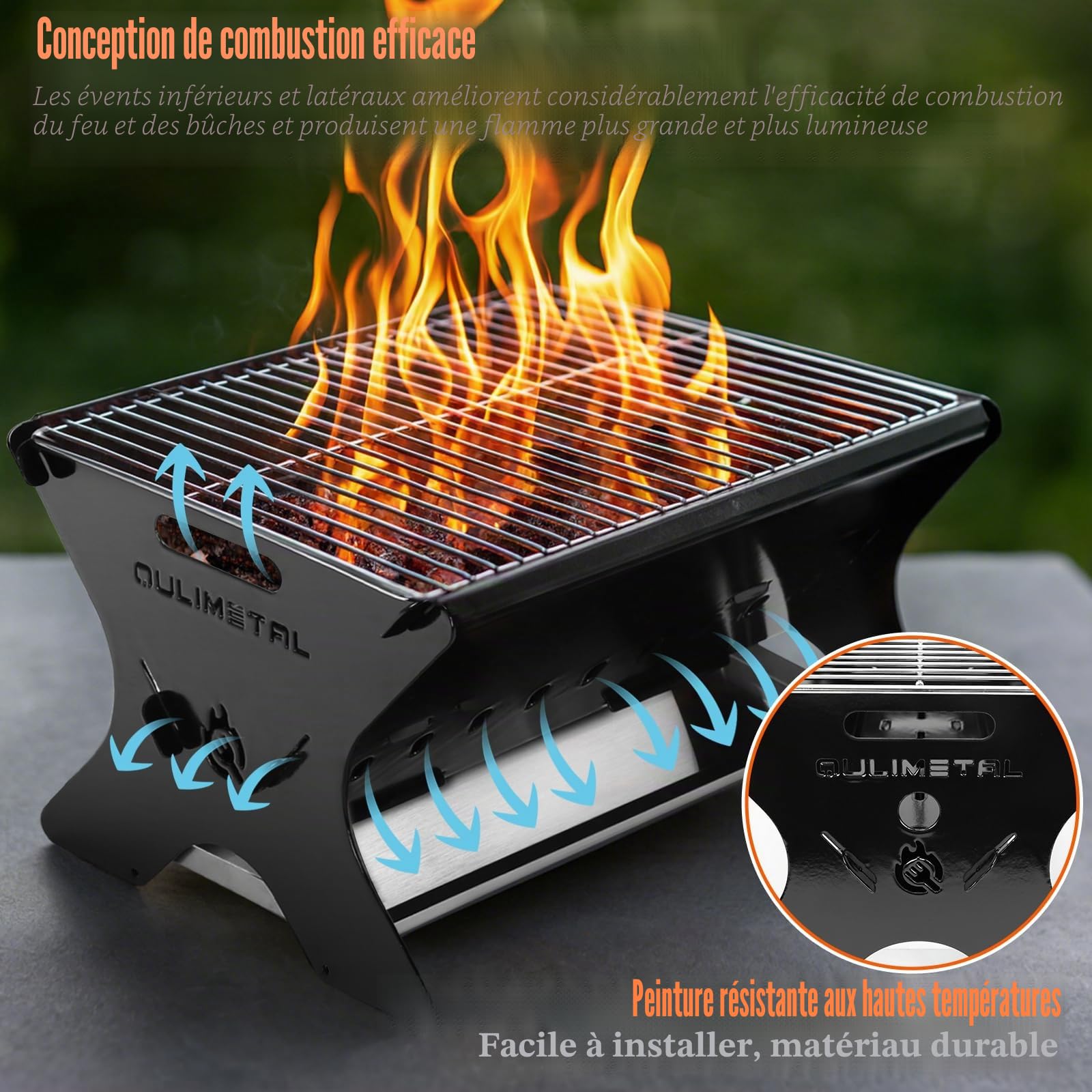 QuliMetal Barbecue de camping portable – Barbecue à charbon/gaz pliable avec sac de transport | Barbecue de randonnée robuste et grille de foyer pour la cuisine en plein air, le camping, le tailgating