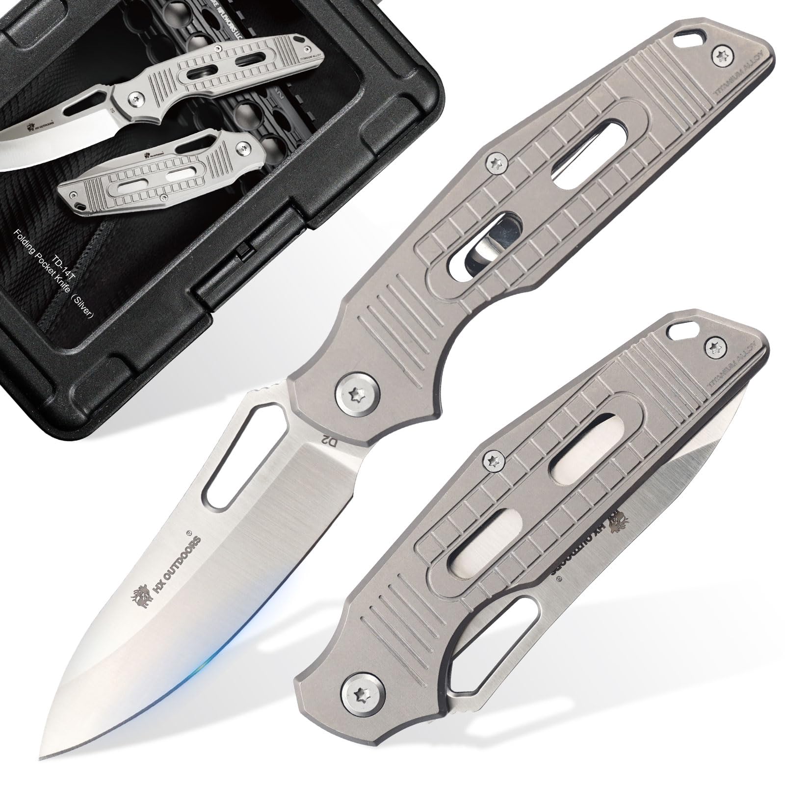 Folding Pocket Knife, Premium D2 Steel Foldable EDC Camping Knife with Titanium Alloy Handle, Portable Clip EDC Tools for Camping Hiking Survival Outdoor, Men Women Gift