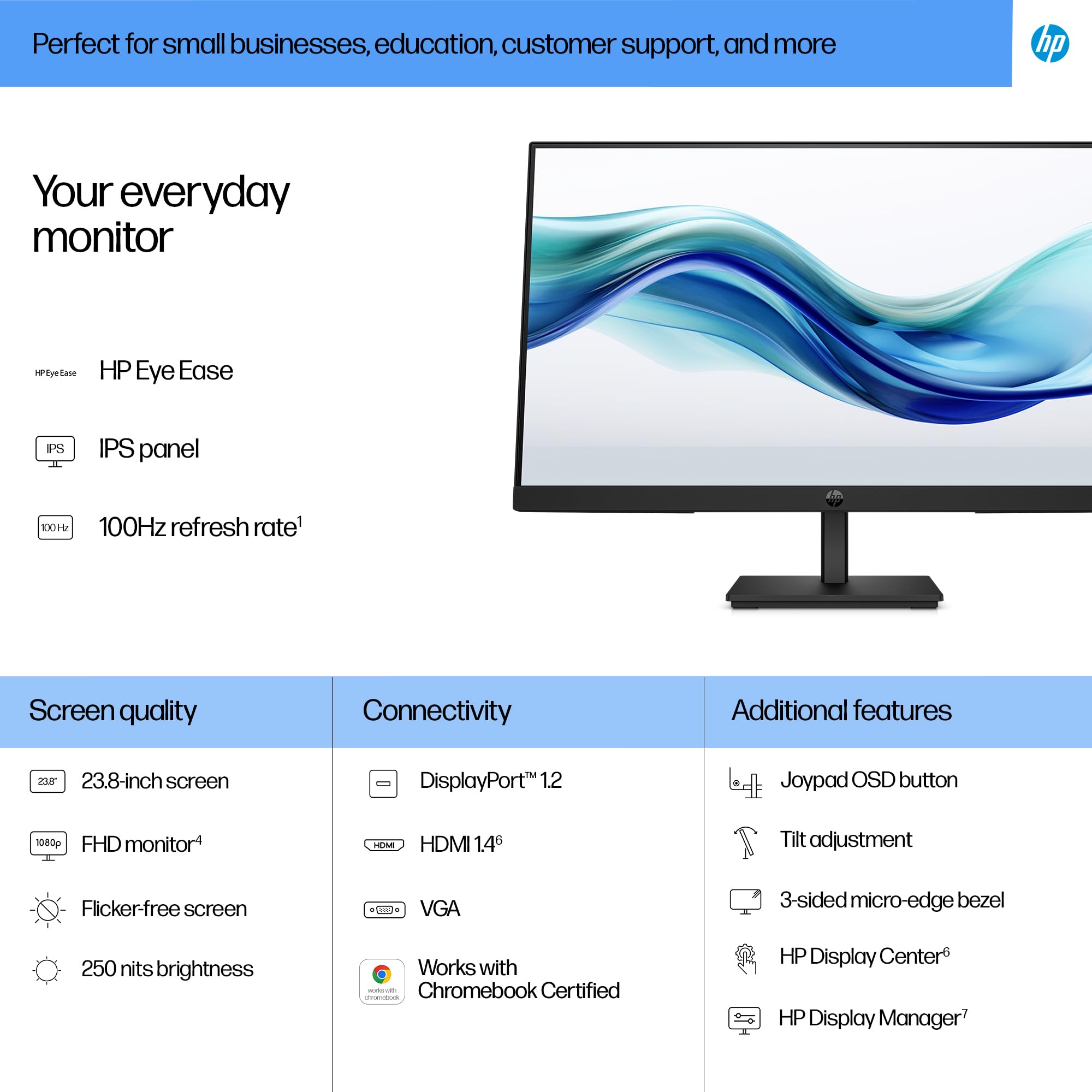 HP Monitor FHD Serie 3 Pro, 23.8 pulgadas, IPS Full HD, 100 Hz, 250 nits, contraste 1000:1, HP Eye Ease, inclinación ajustable, 1 HDMI, 1 DP, 1 VGA, 324 pf