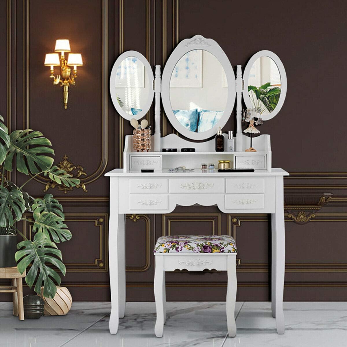 Vanity Makeup Set Tri-Folding Mirror Dressing Table Stool Set 7 Drawer Bedroom