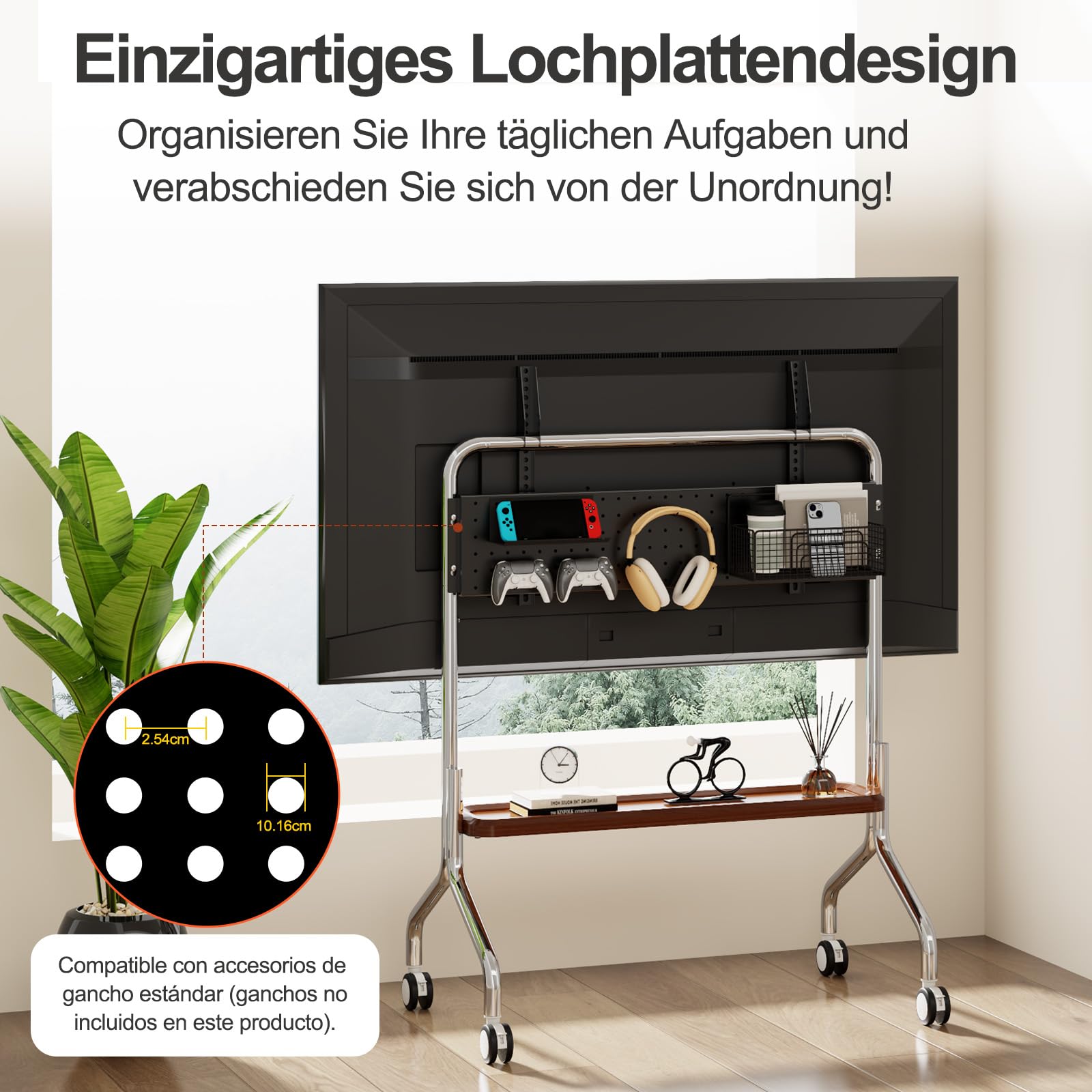 Soporte TV Ruedas para Televisión de 32 a 75 Pulgadas, hasta 50 kg | Con Estante, Tablero Perforado, Giro 360°, Diseño en acero inoxidable, Gestión de Cable, Máx.VESA 600x400mm