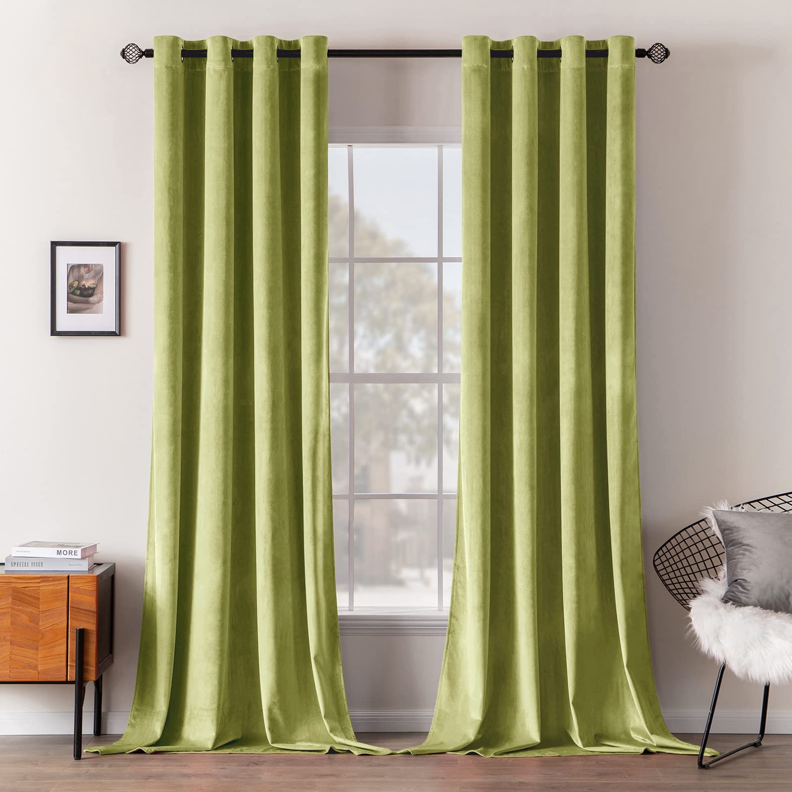 MIULEE Velvet Curtains Light Olive Green Elegant Grommet Curtains Thermal Insulated Soundproof Room Darkening Curtains/Drapes for Classical Living Room Bedroom Decor 52 x 90 Inch Set of 2