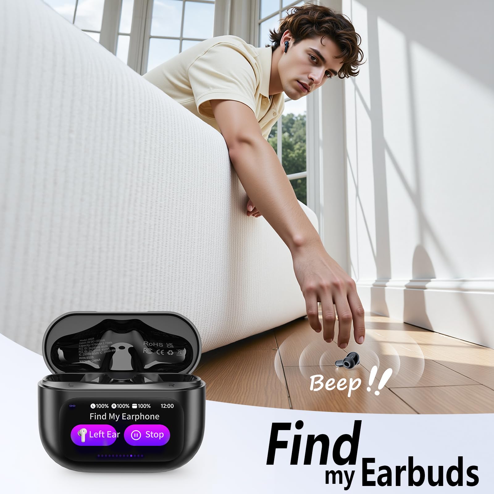 Touchscreen Bluetooth Kopfhörer, 2026 In Ear Kopfhörer Kabellos Bluetooth 5.4 mit ANC+ENC Noise Cancelling Mic, 48Std Spielzeit Tiefer Bass Earbud mit 5 EQ-Modi, IP7 Wasserdicht Ohrhörer Tiefschwarz