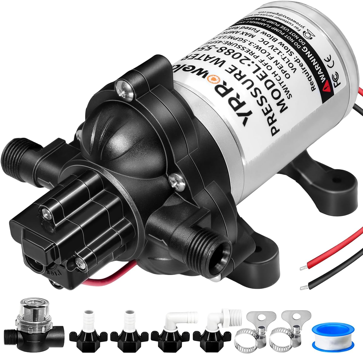 RV Water Pump 2088-554-144/2088-403-144 | 12V 3.5GPM 45PSI | Self-Priming Quiet Diaphragm Pump | Thermal & Dry Run Protection | for RV, Marine, Yacht, Camping (Includes Filter & Fittings)