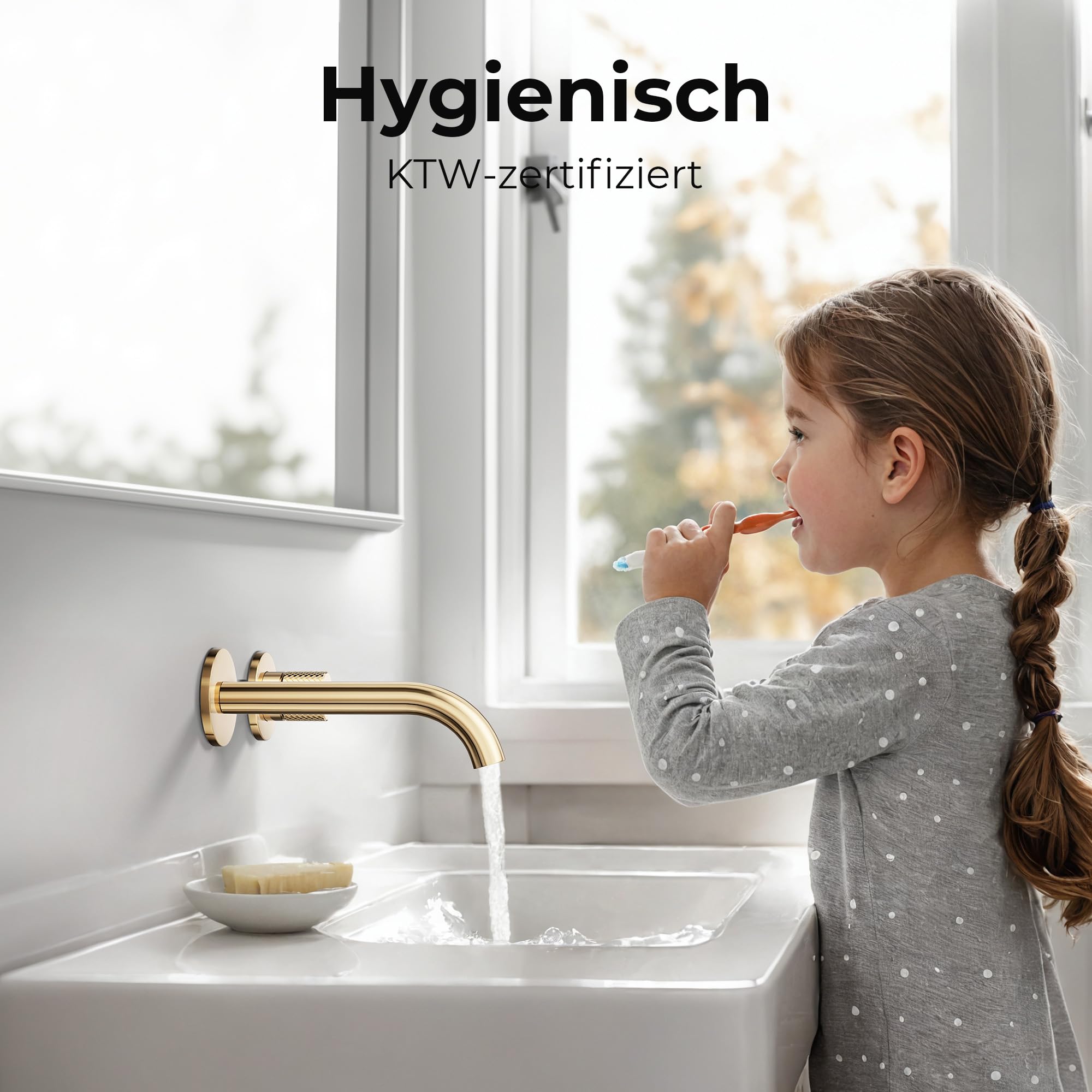 EMKE Waschtischarmatur Unterputz für Wandmontage, Wasserhahn Bad Unterputz, Mischbatterie Waschbecken wassersparend, Einhebelbatterie Armatur mit Auslauflänge 17 cm 4MS-Messing, Champagnergold